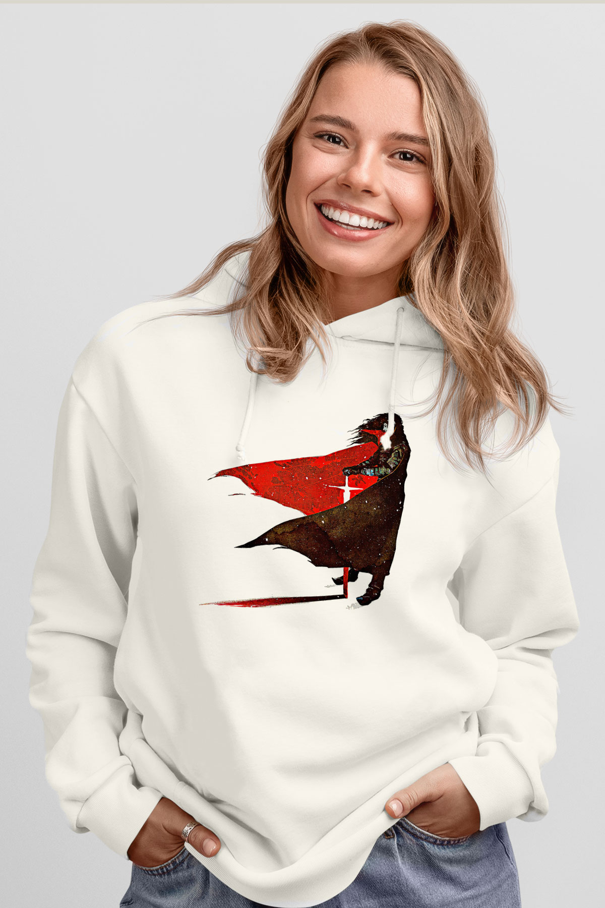 Alucard Baskılı Beyaz Unisex Hoodie