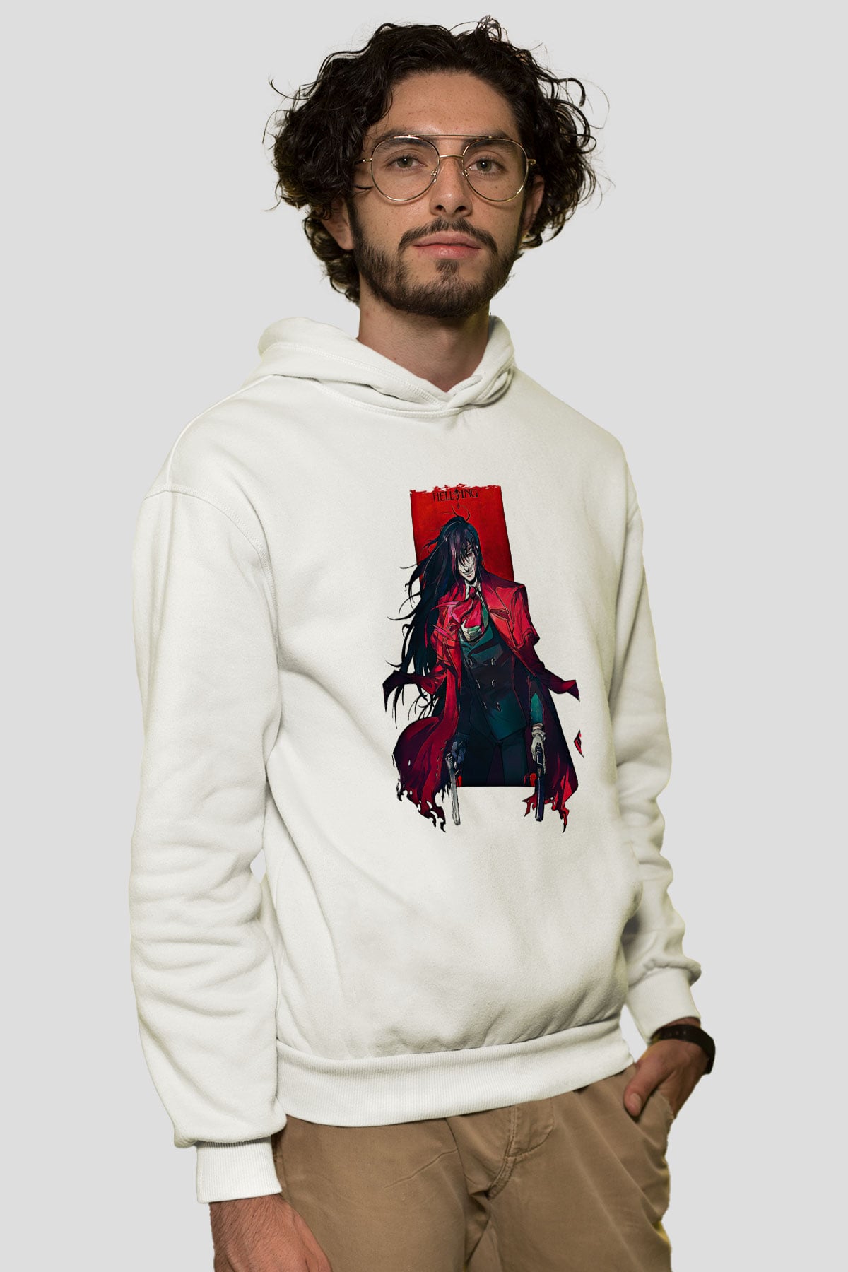 Alucard Baskılı Beyaz Unisex Hoodie