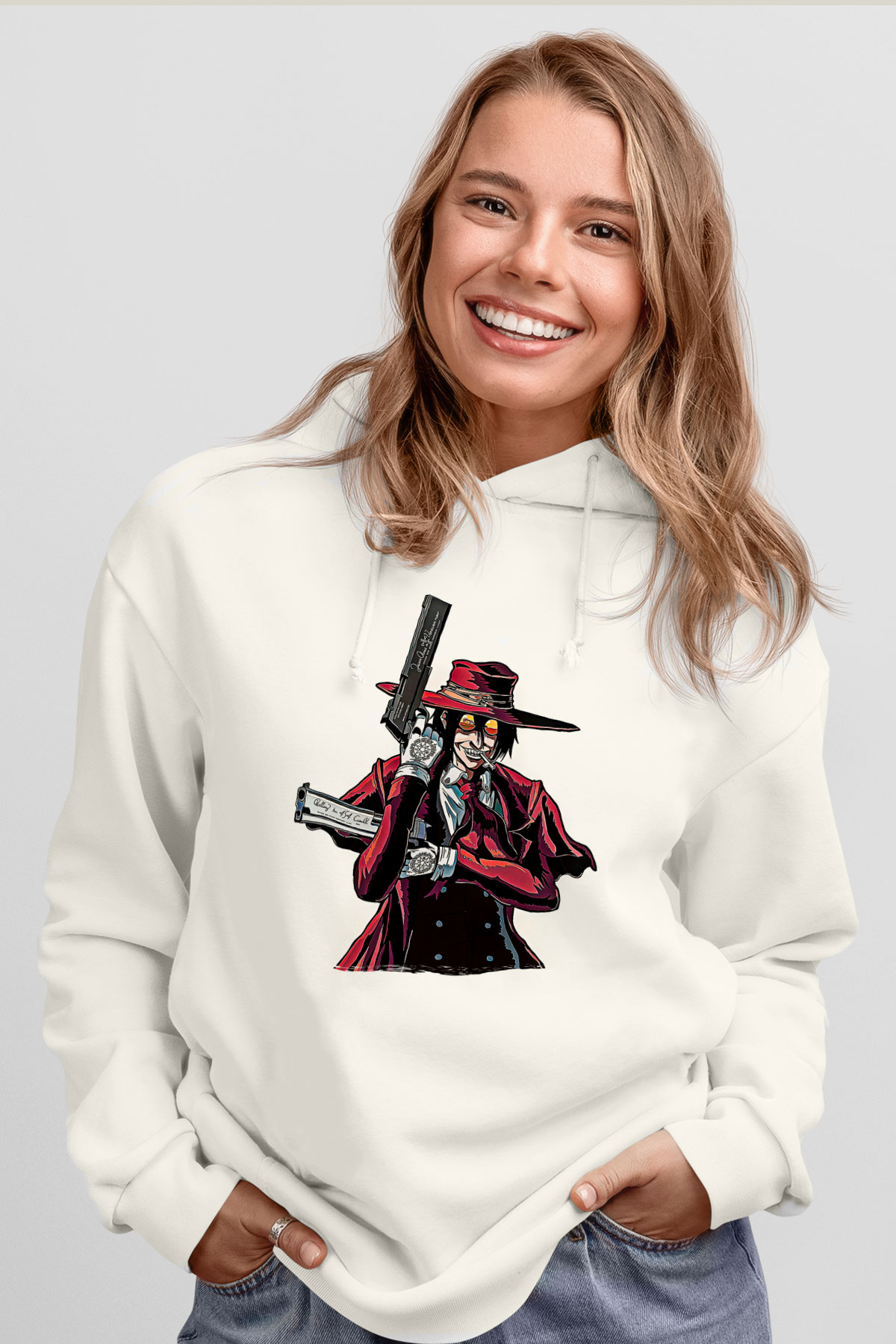 Alucard Baskılı Beyaz Unisex Hoodie