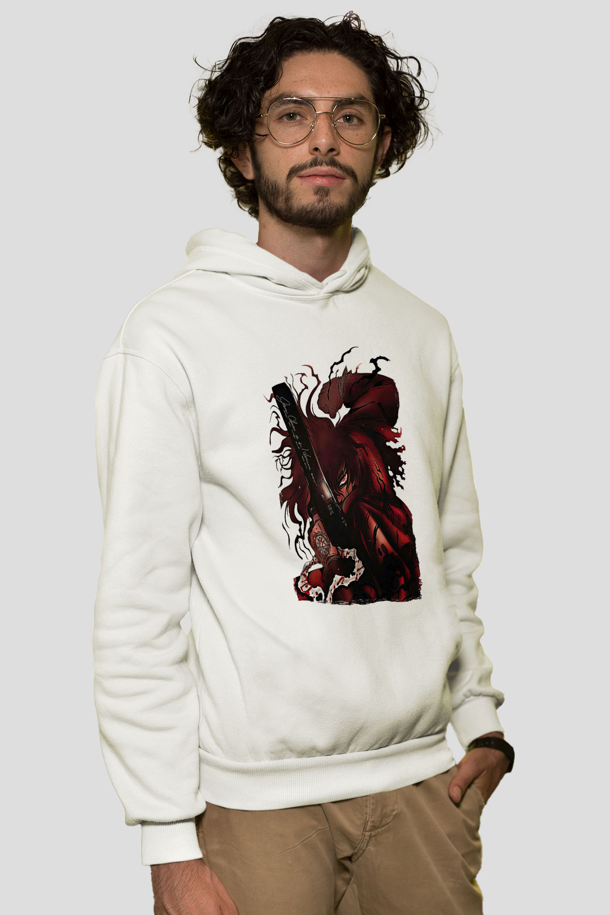 Alucard Baskılı Beyaz Unisex Hoodie