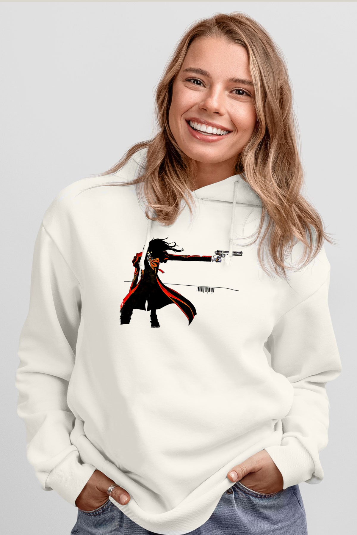 Alucard Baskılı Beyaz Unisex Hoodie