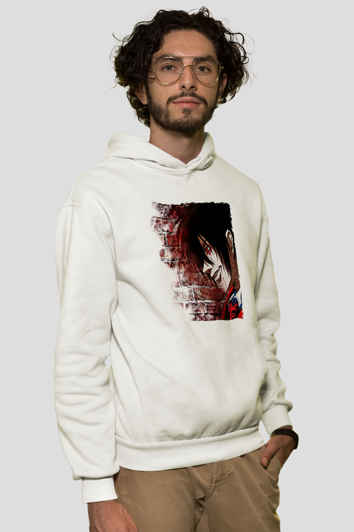 Alucard Baskılı Beyaz Unisex Hoodie