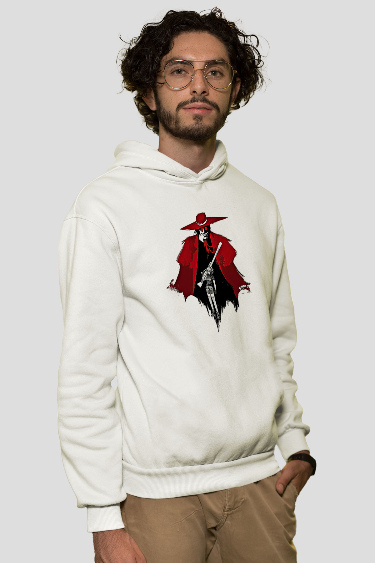 Alucard Baskılı Beyaz Unisex Hoodie
