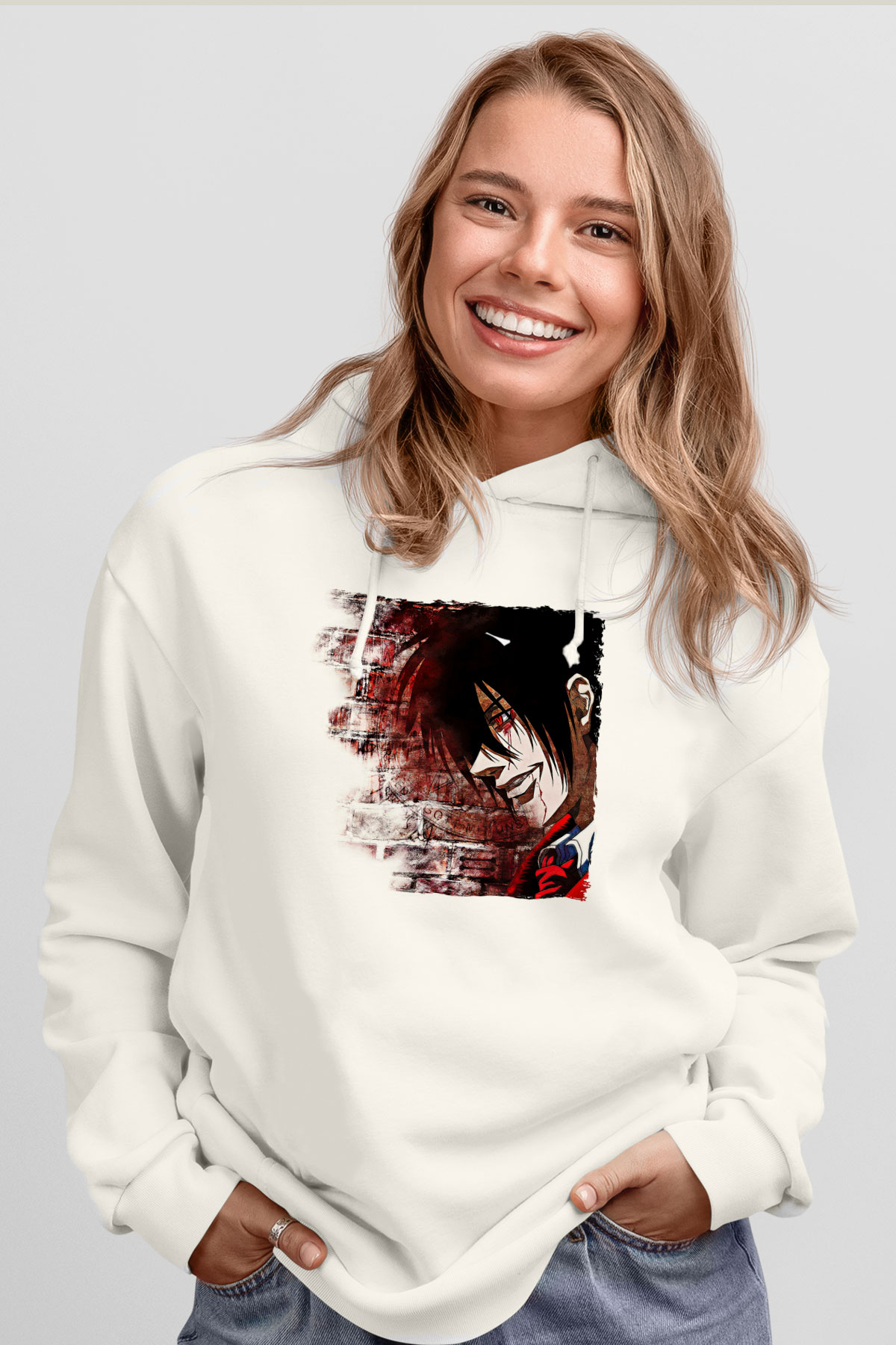 Alucard Baskılı Beyaz Unisex Hoodie