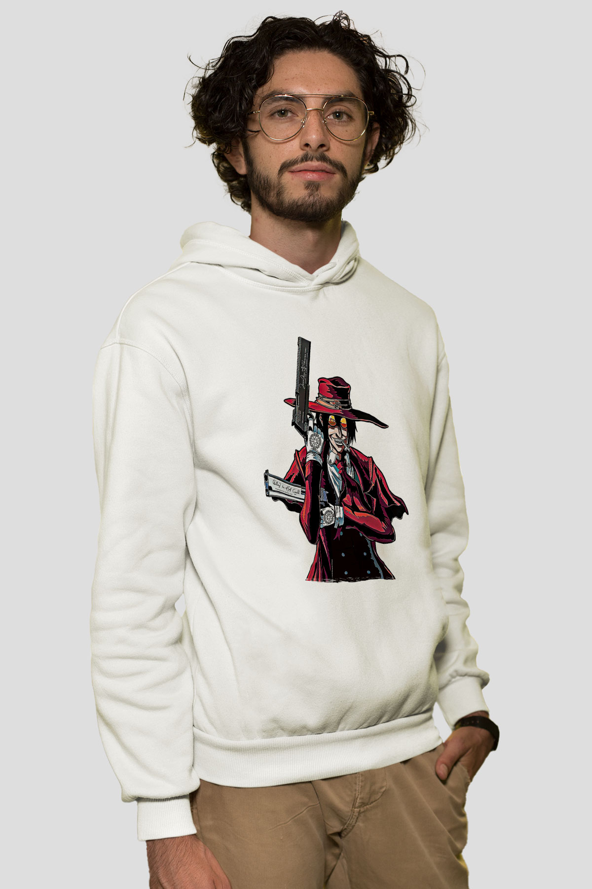 Alucard Baskılı Beyaz Unisex Hoodie