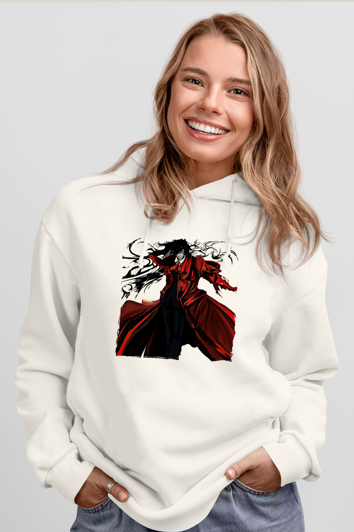 Alucard Baskılı Beyaz Unisex Hoodie