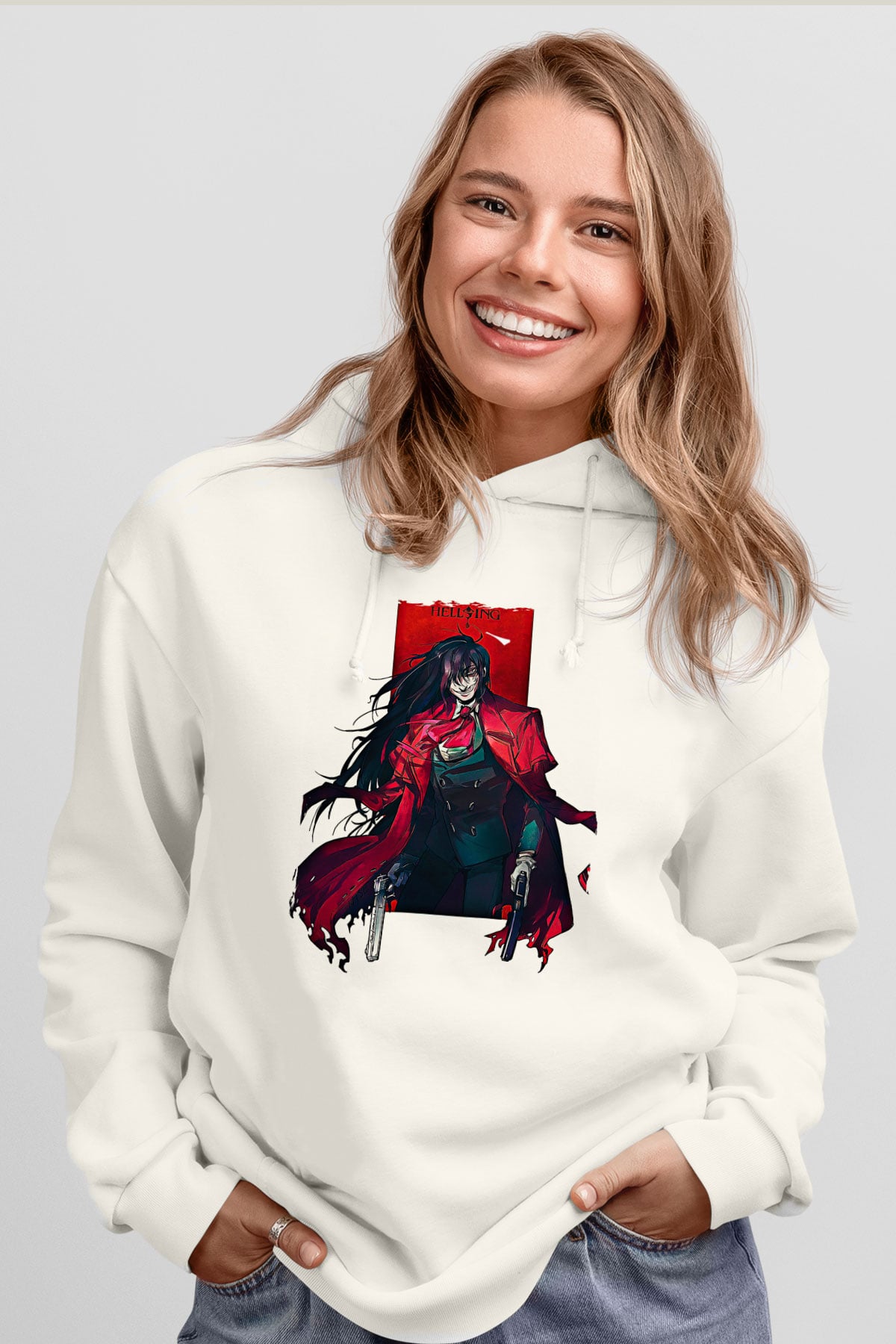 Alucard Baskılı Beyaz Unisex Hoodie