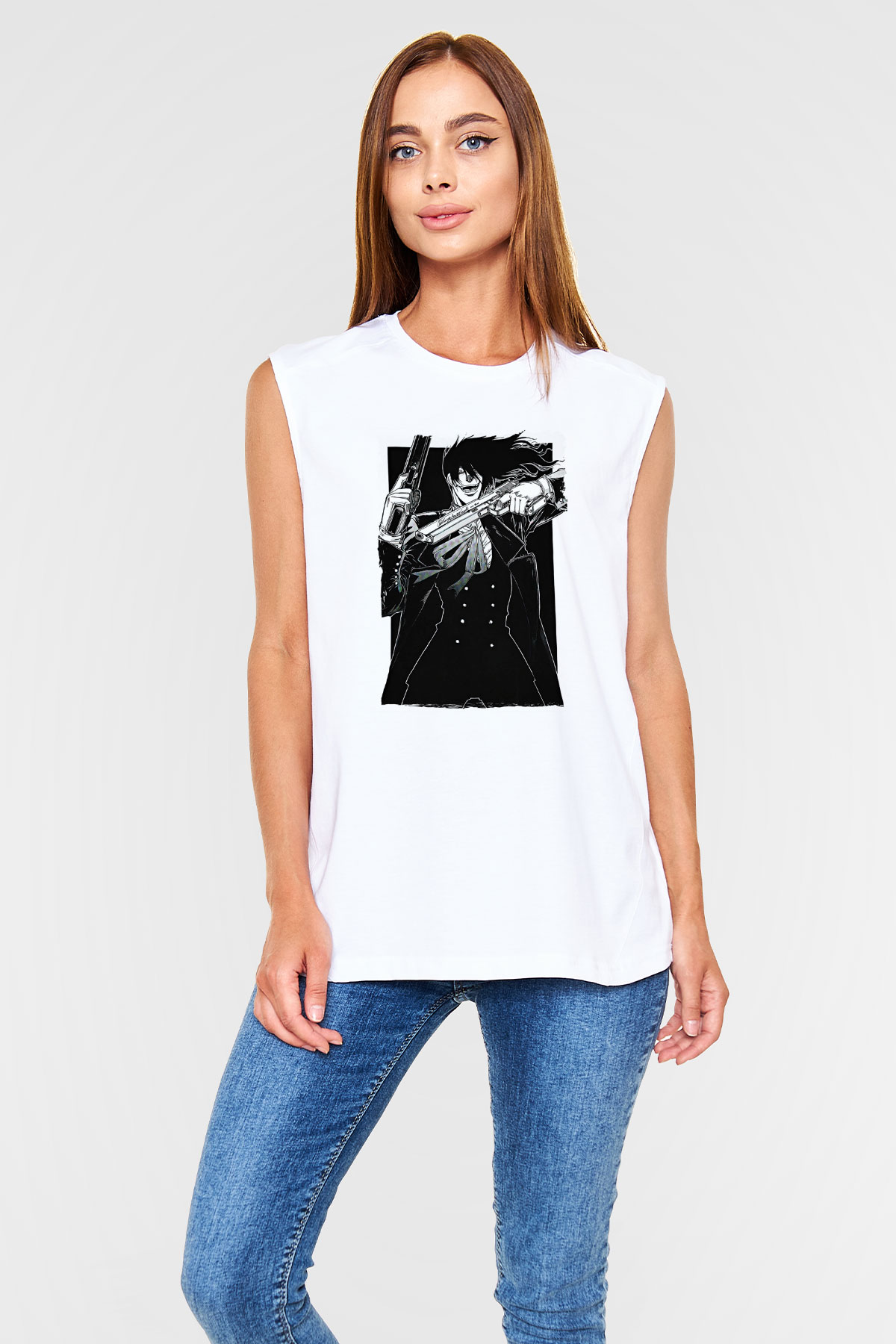 Alucard Baskılı Beyaz Unisex Kolsuz Tişört - Tshirt