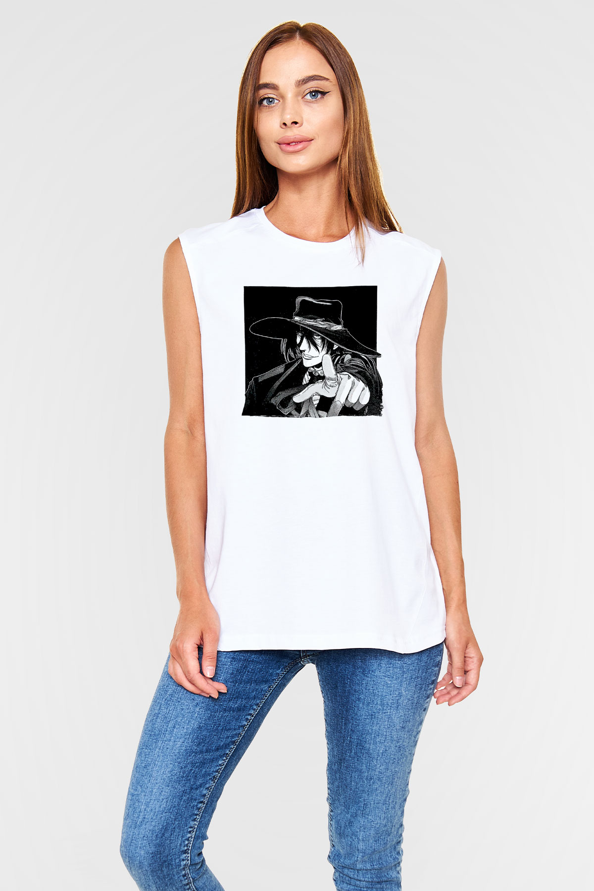 Alucard Baskılı Beyaz Unisex Kolsuz Tişört - Tshirt