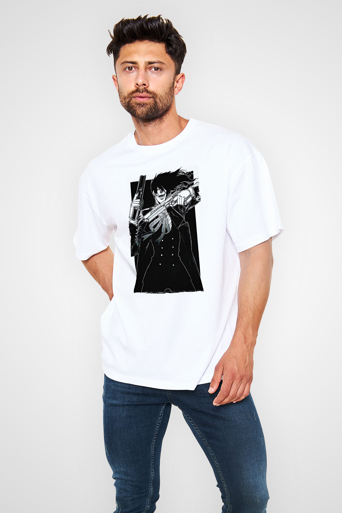 Alucard Baskılı Beyaz Unisex Oversize Tişört - Tshirt