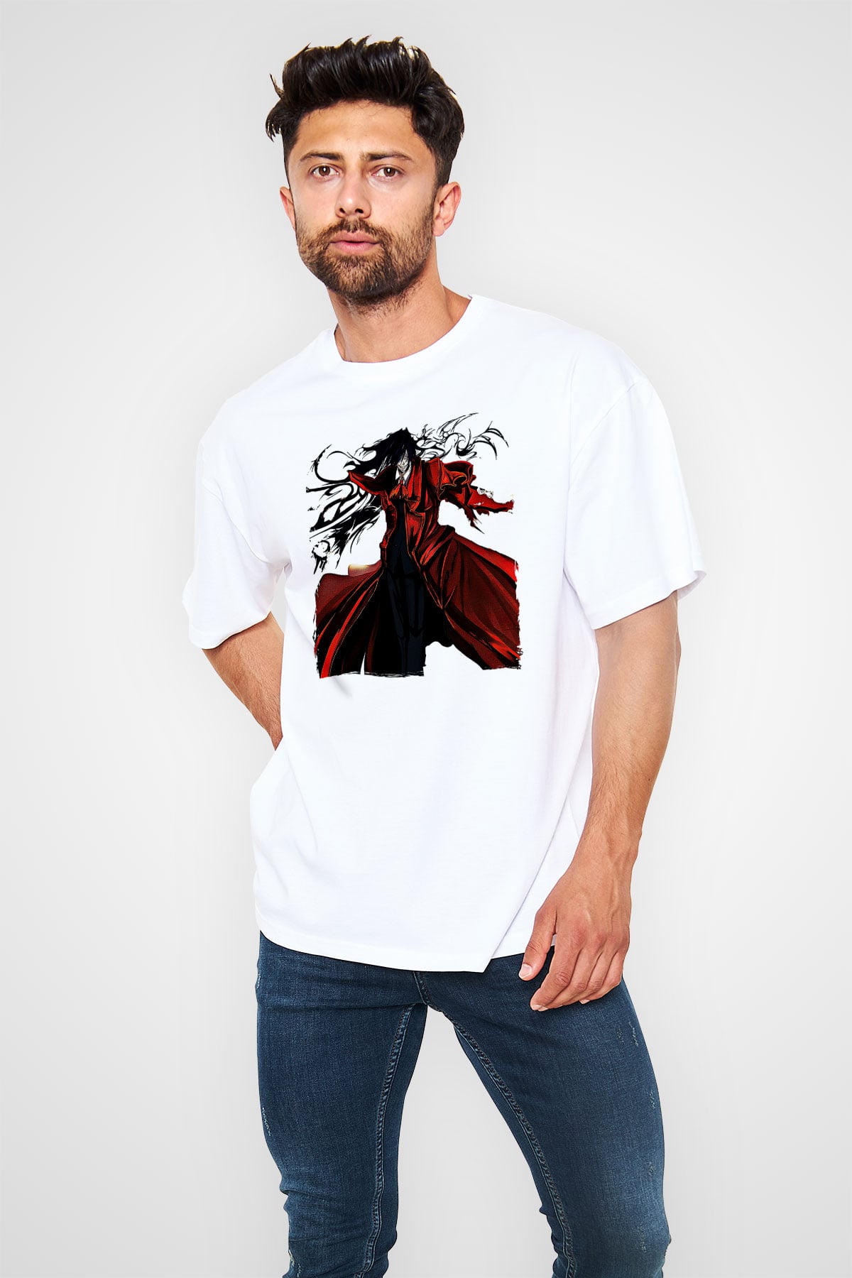 Alucard Baskılı Beyaz Unisex Oversize Tişört - Tshirt