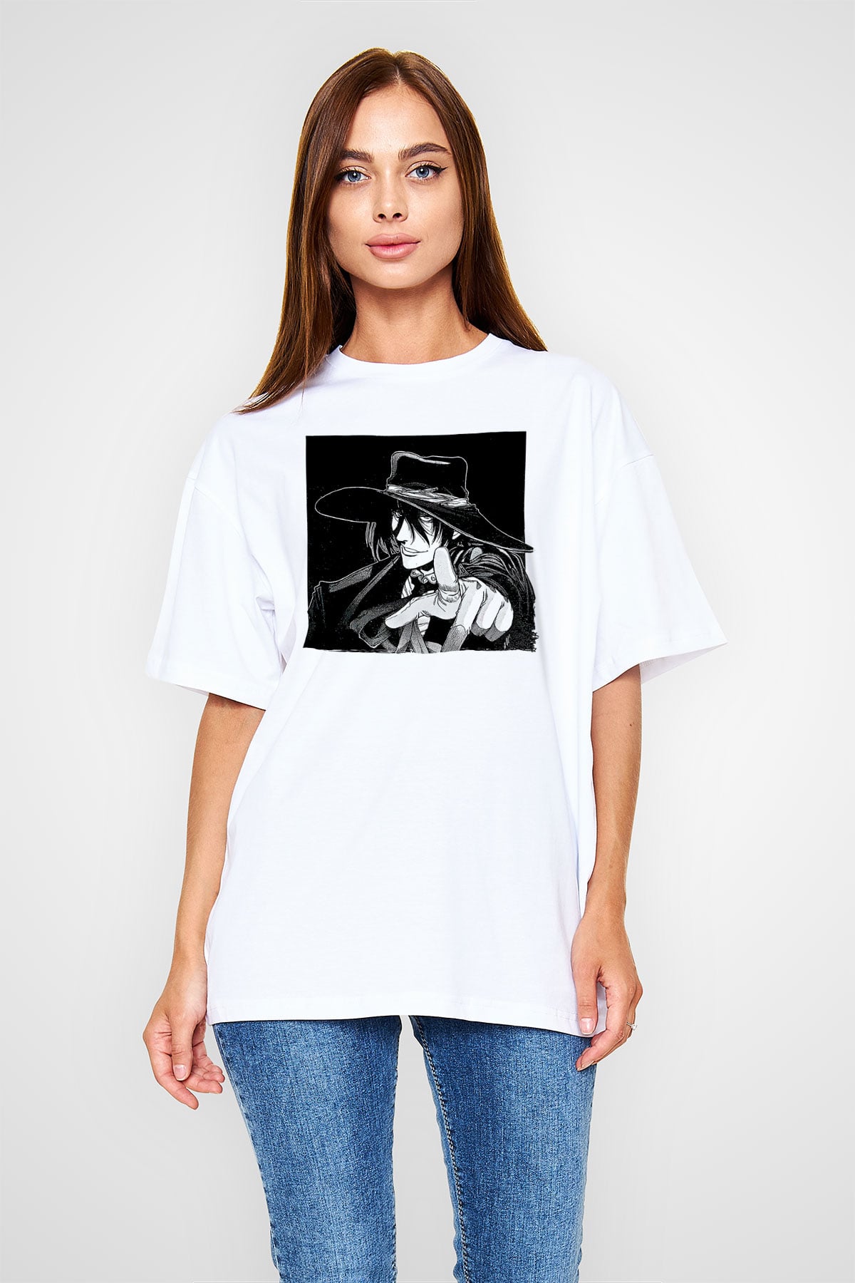 Alucard Baskılı Beyaz Unisex Oversize Tişört - Tshirt