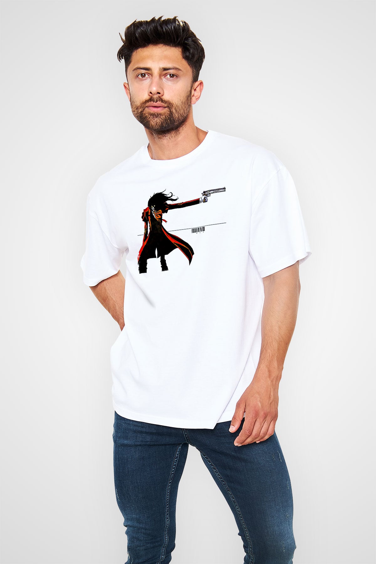 Alucard Baskılı Beyaz Unisex Oversize Tişört - Tshirt