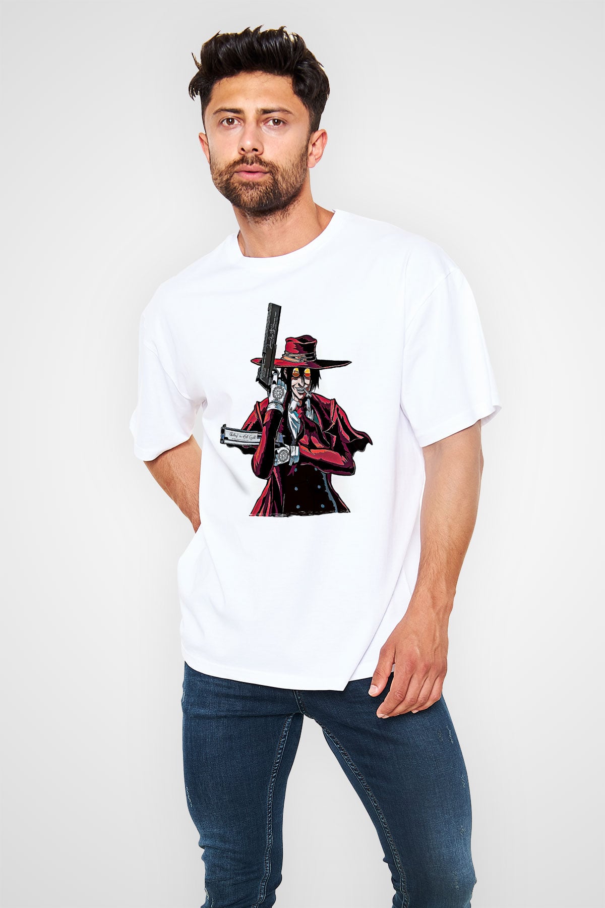 Alucard Baskılı Beyaz Unisex Oversize Tişört - Tshirt