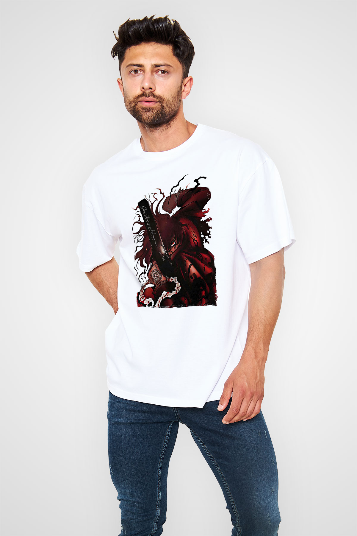 Alucard Baskılı Beyaz Unisex Oversize Tişört - Tshirt