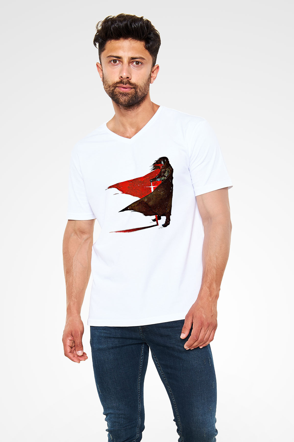 Alucard Baskılı Beyaz Unisex V Yaka Tişört - Tshirt