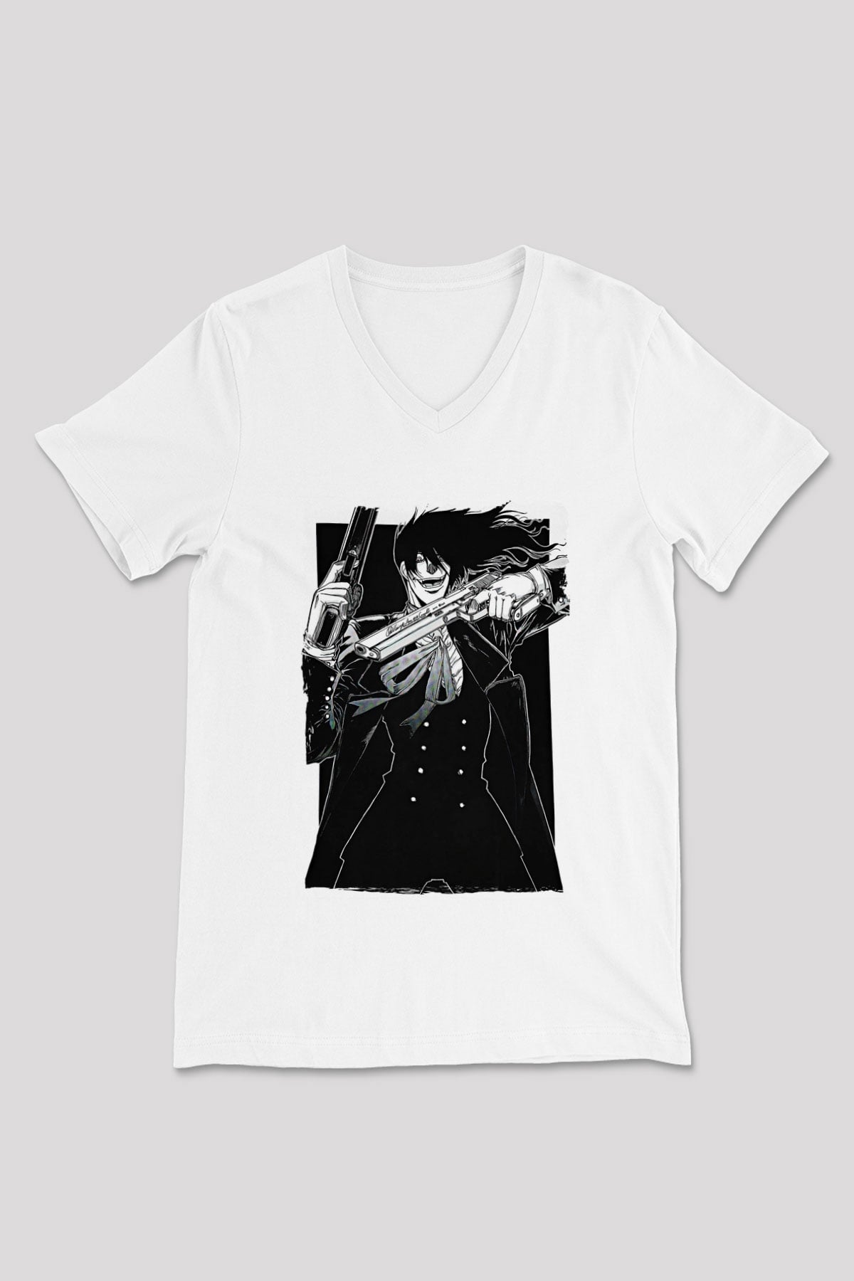 Alucard Baskılı Beyaz Unisex V Yaka Tişört - Tshirt
