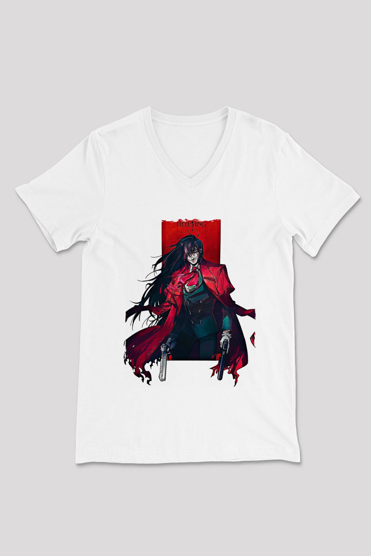 Alucard Baskılı Beyaz Unisex V Yaka Tişört - Tshirt