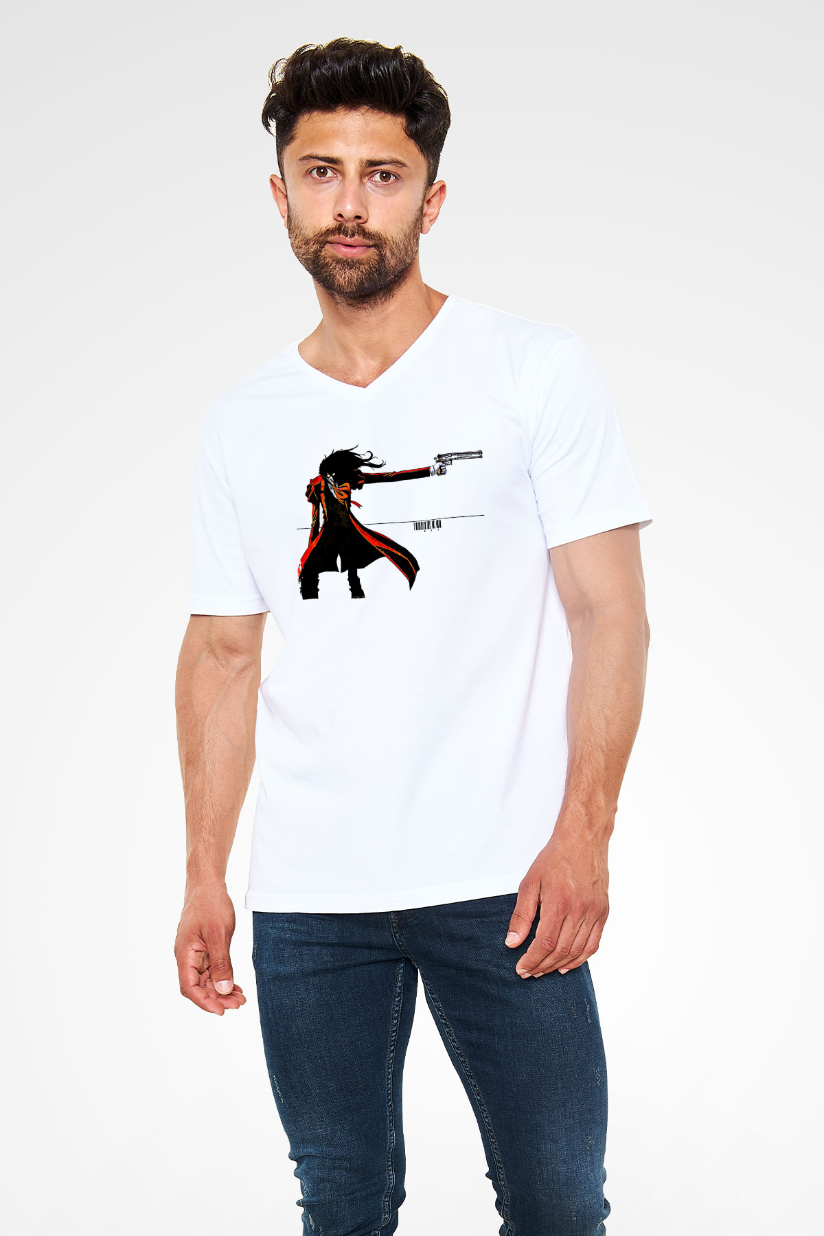 Alucard Baskılı Beyaz Unisex V Yaka Tişört - Tshirt