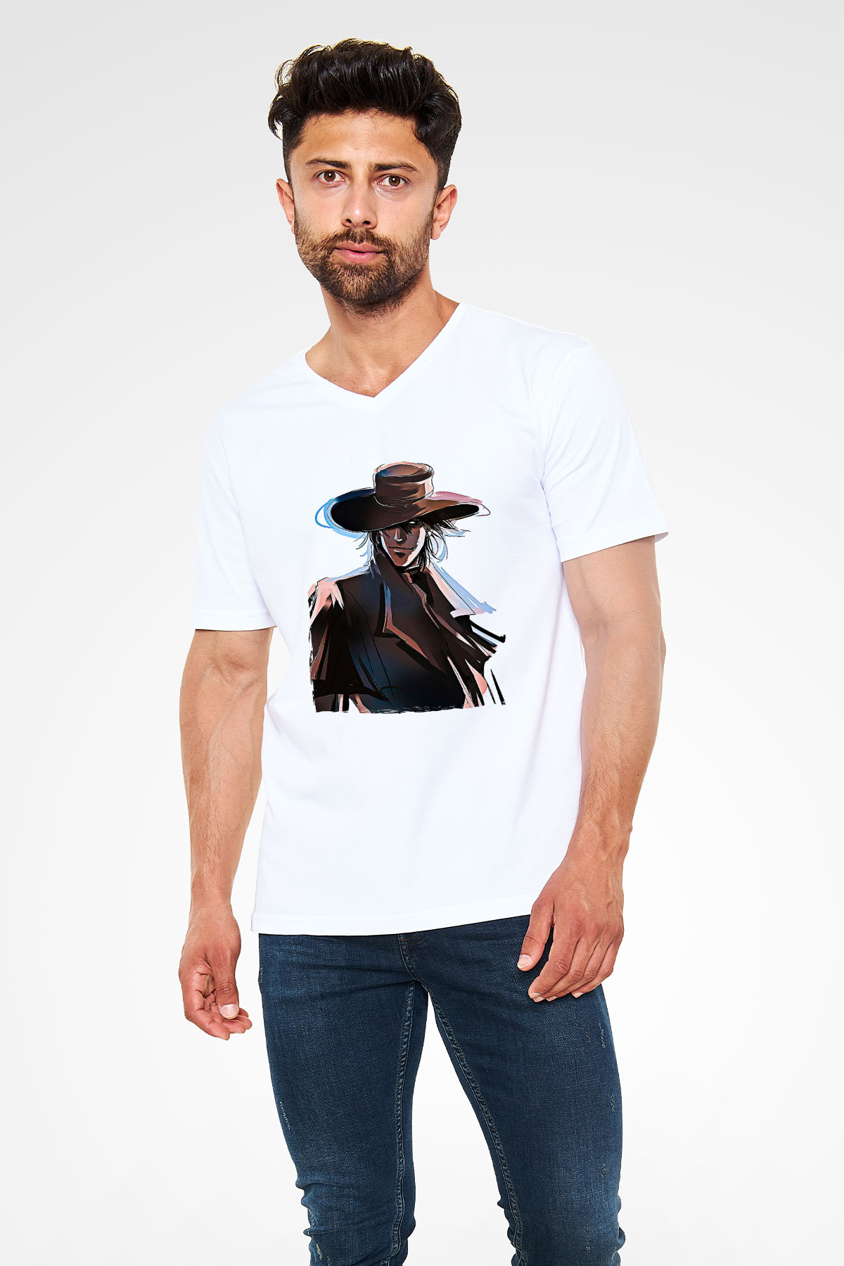 Alucard Baskılı Beyaz Unisex V Yaka Tişört - Tshirt