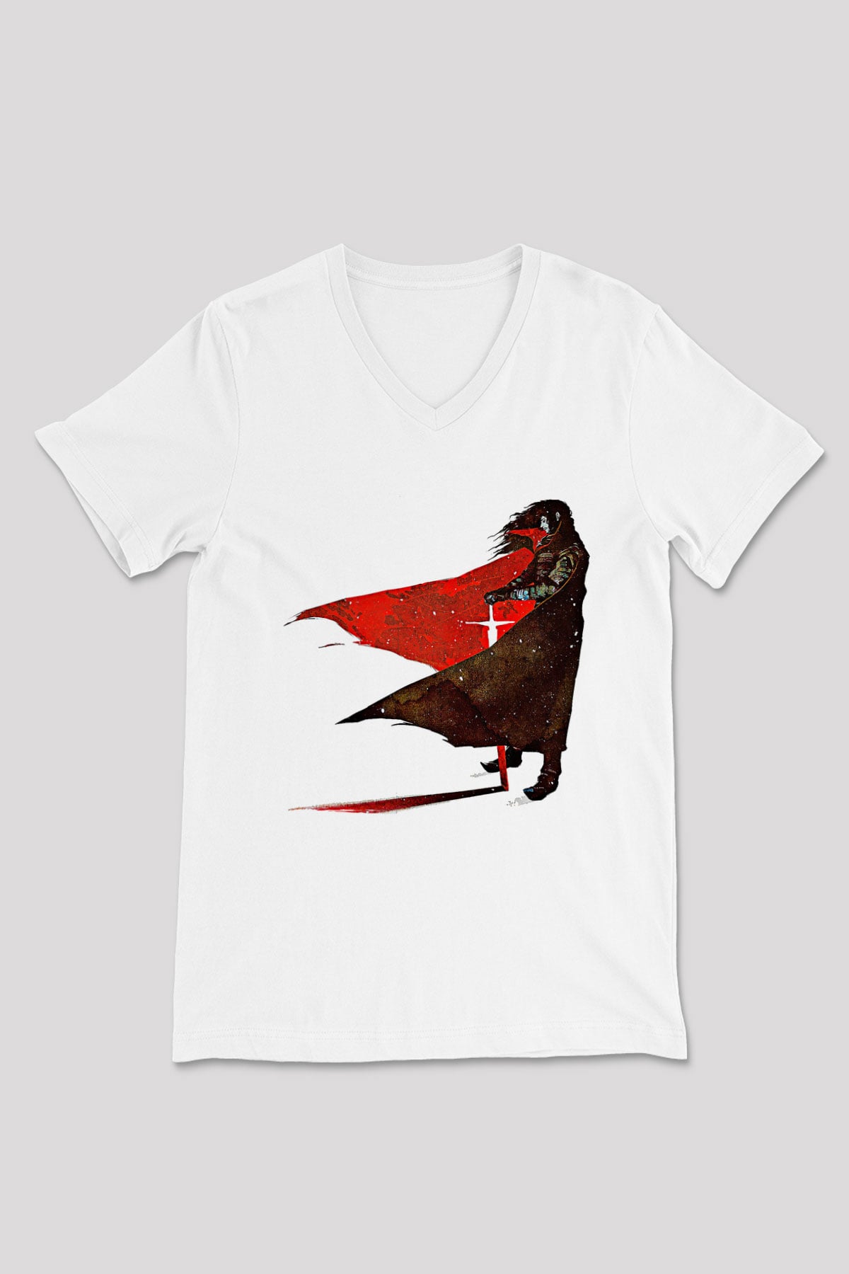 Alucard Baskılı Beyaz Unisex V Yaka Tişört - Tshirt