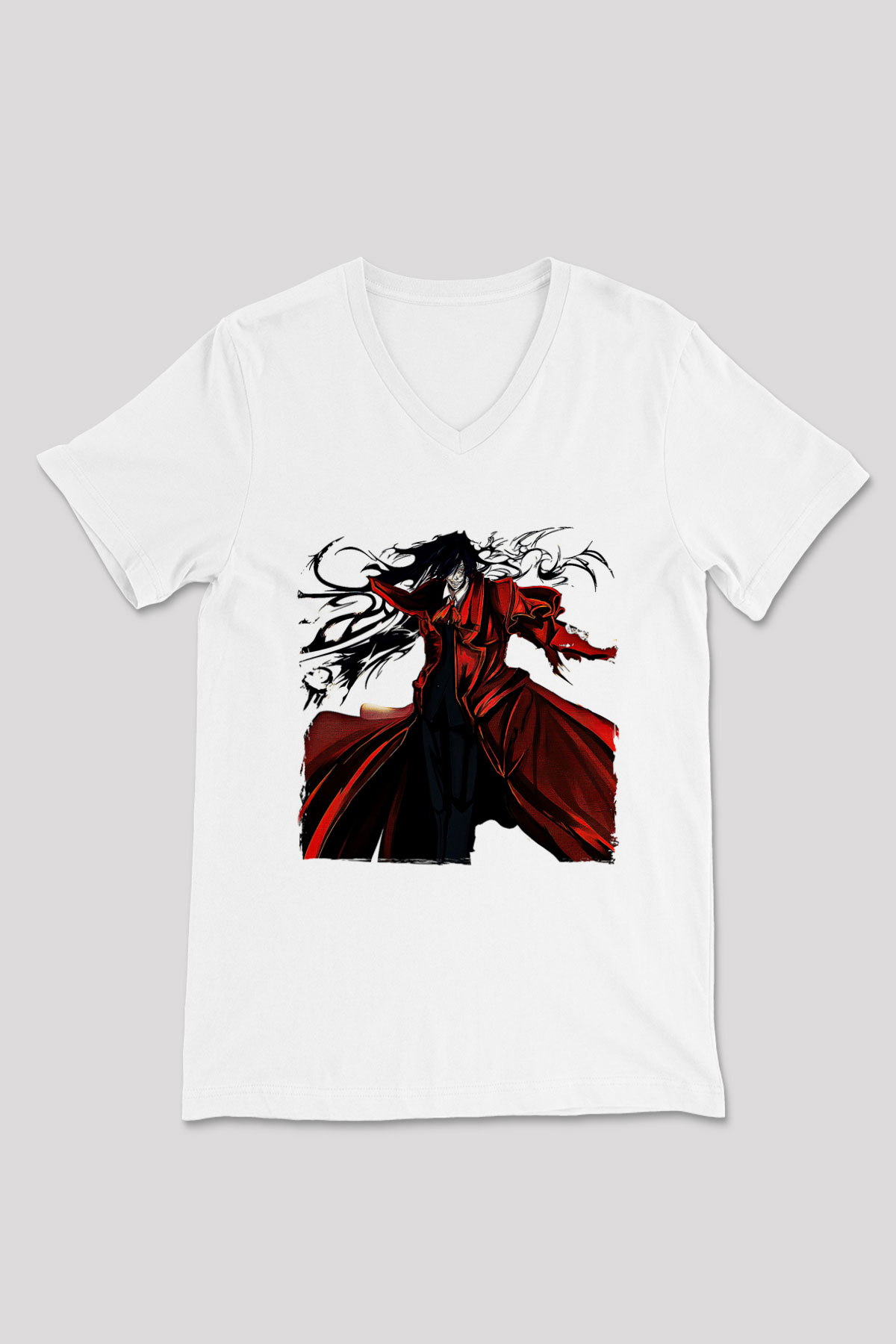 Alucard Baskılı Beyaz Unisex V Yaka Tişört - Tshirt