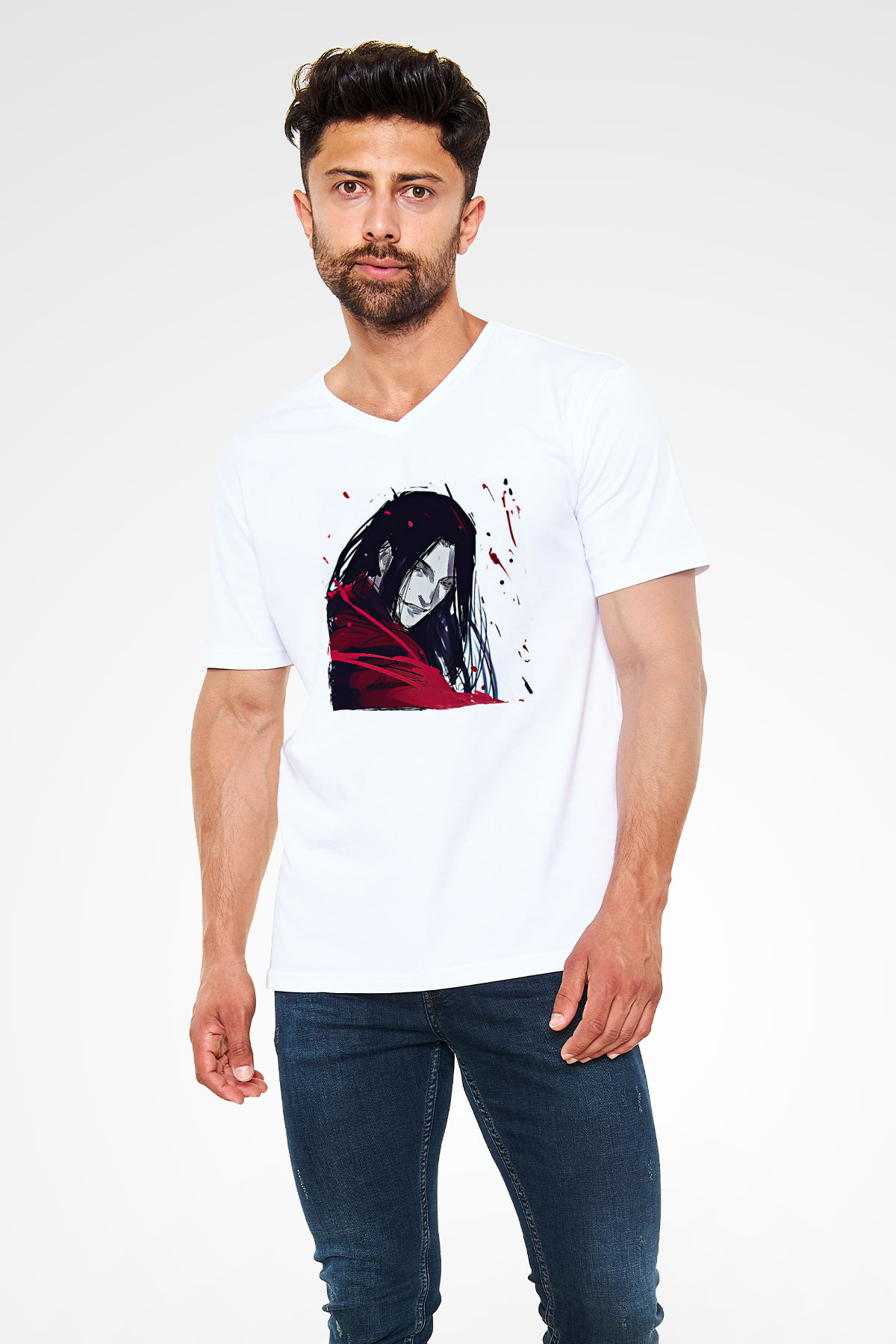 Alucard Baskılı Beyaz Unisex V Yaka Tişört - Tshirt