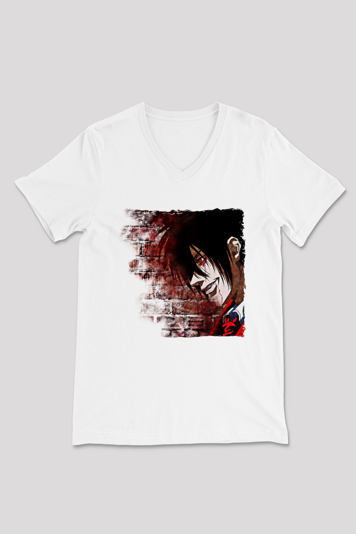 Alucard Baskılı Beyaz Unisex V Yaka Tişört - Tshirt