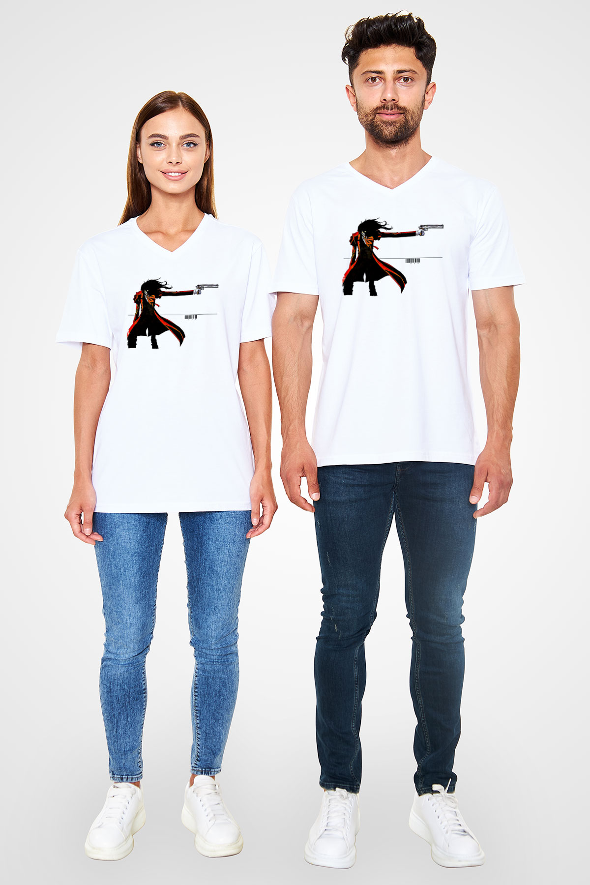 Alucard Baskılı Beyaz Unisex V Yaka Tişört - Tshirt