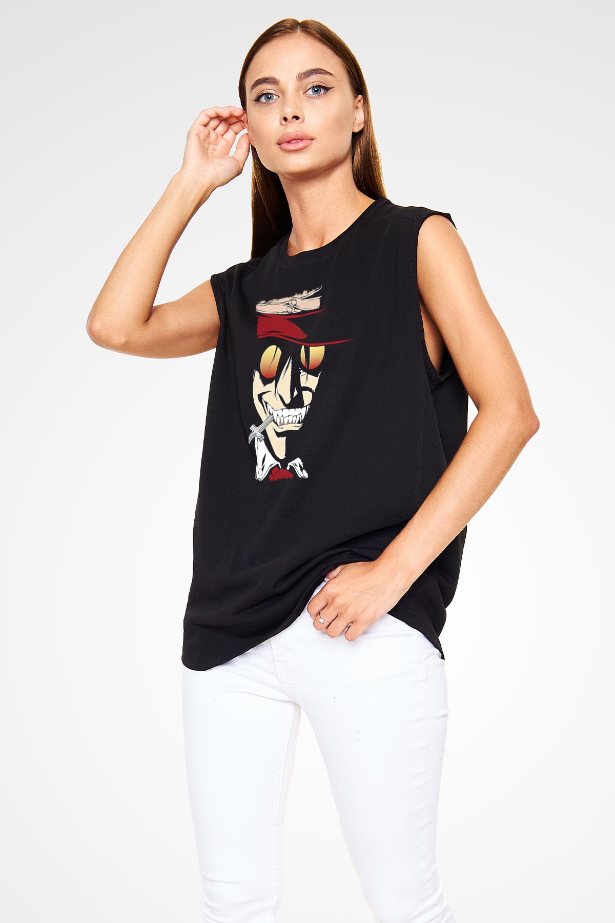Alucard Baskılı Unisex Siyah Kolsuz Tişört - Tshirt