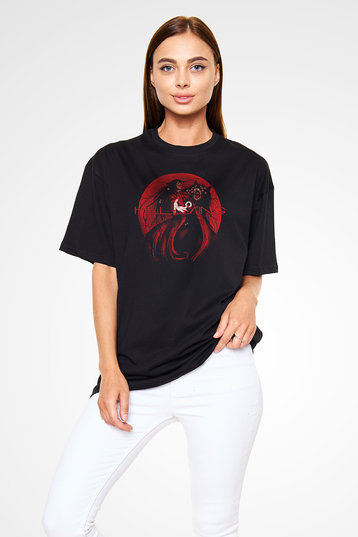 Alucard Baskılı Unisex Siyah Oversize Tişört - Tshirt
