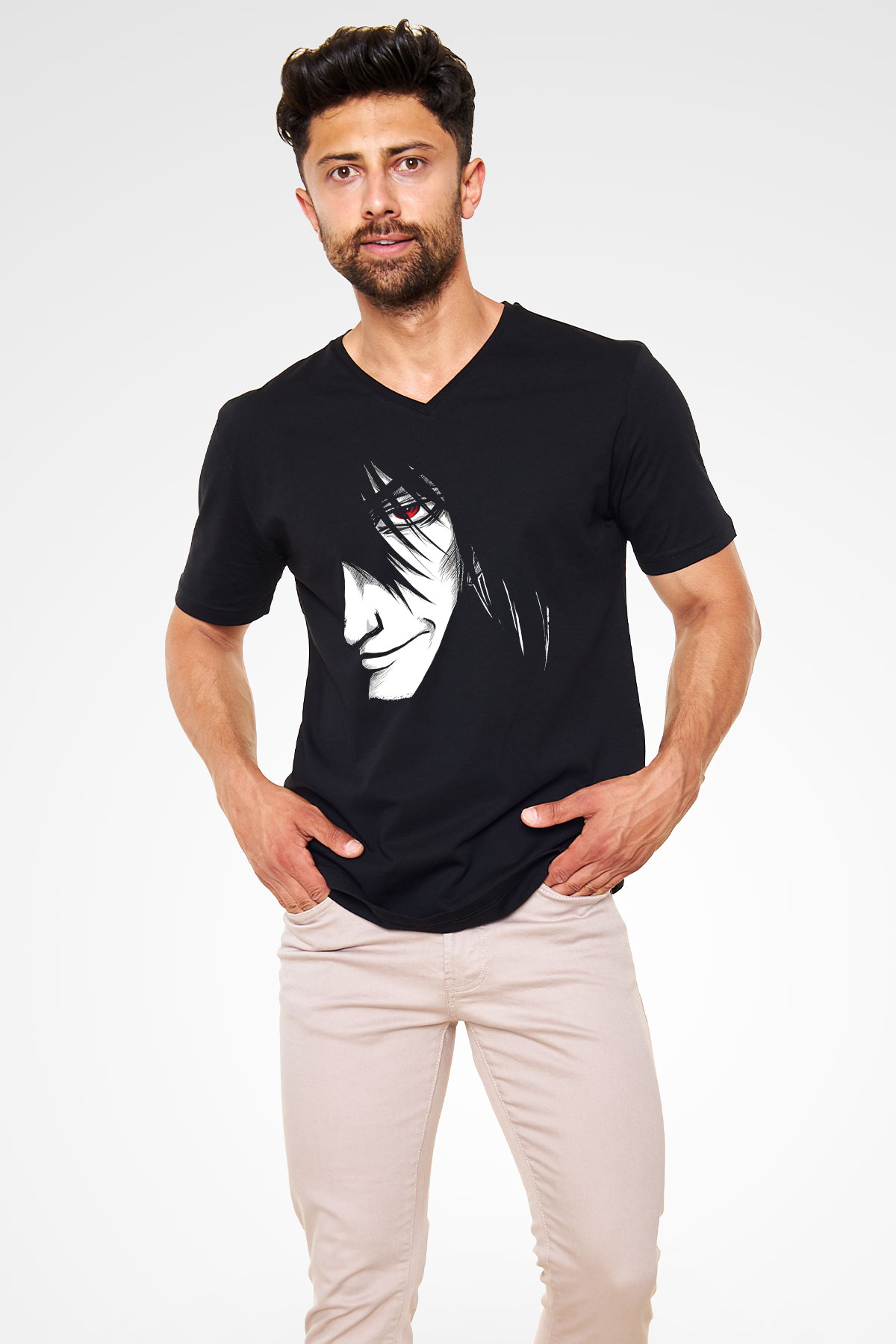 Alucard Baskılı Unisex Siyah V Yaka Tişört - Tshirt