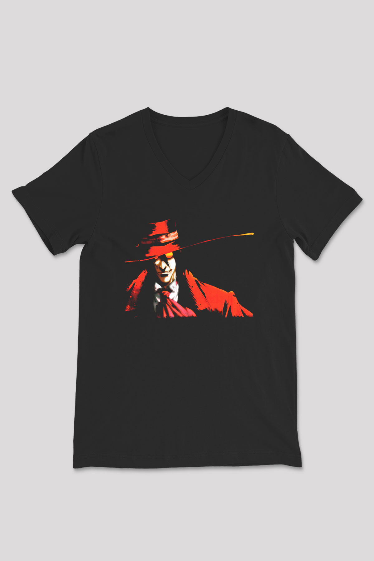 Alucard Baskılı Unisex Siyah V Yaka Tişört - Tshirt