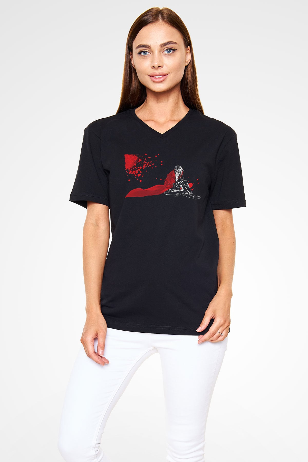Alucard Baskılı Unisex Siyah V Yaka Tişört - Tshirt