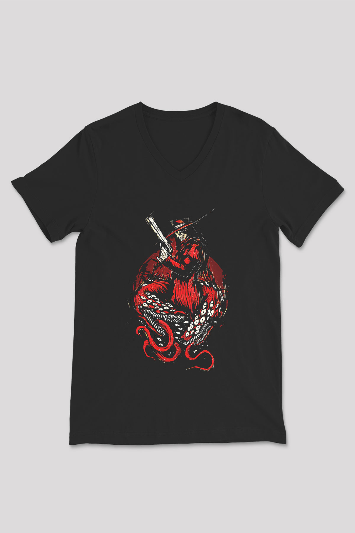 Alucard Baskılı Unisex Siyah V Yaka Tişört - Tshirt
