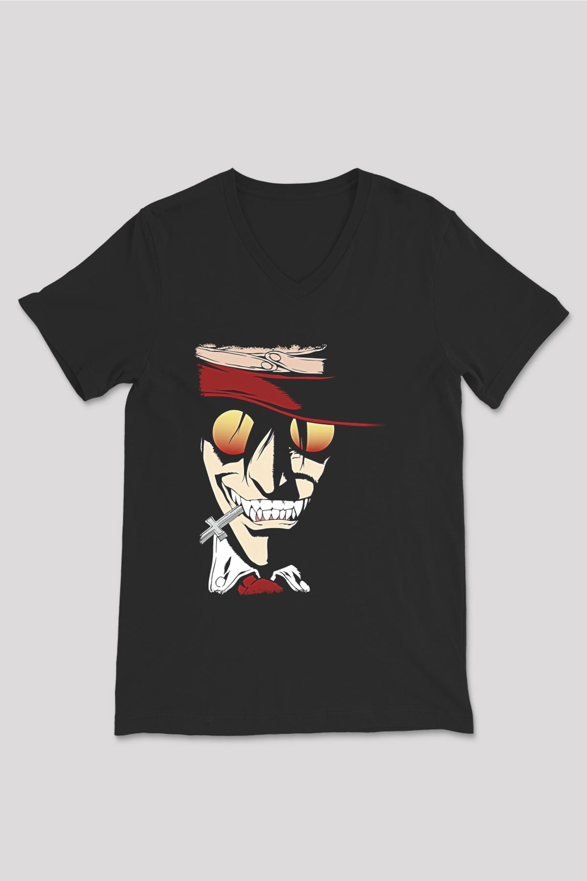 Alucard Baskılı Unisex Siyah V Yaka Tişört - Tshirt