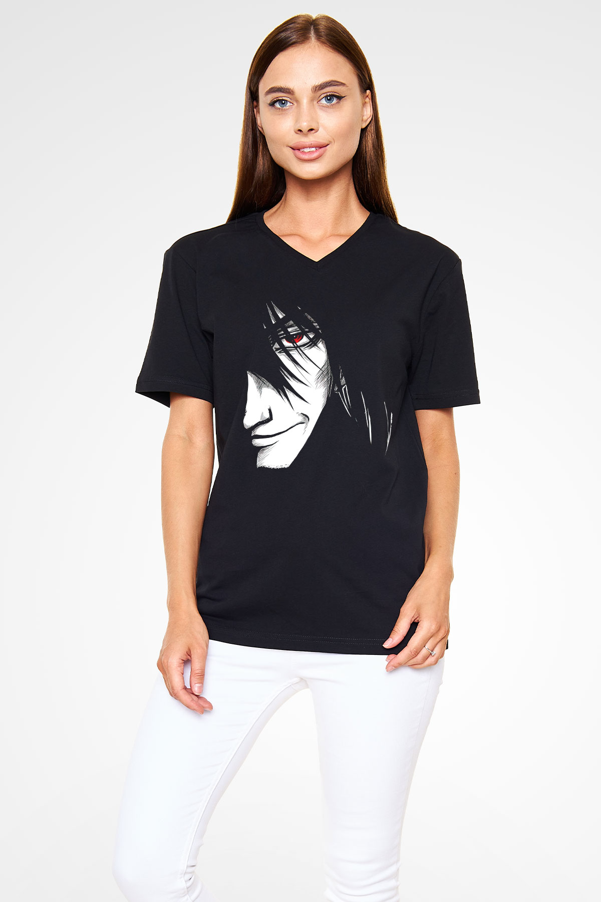 Alucard Baskılı Unisex Siyah V Yaka Tişört - Tshirt