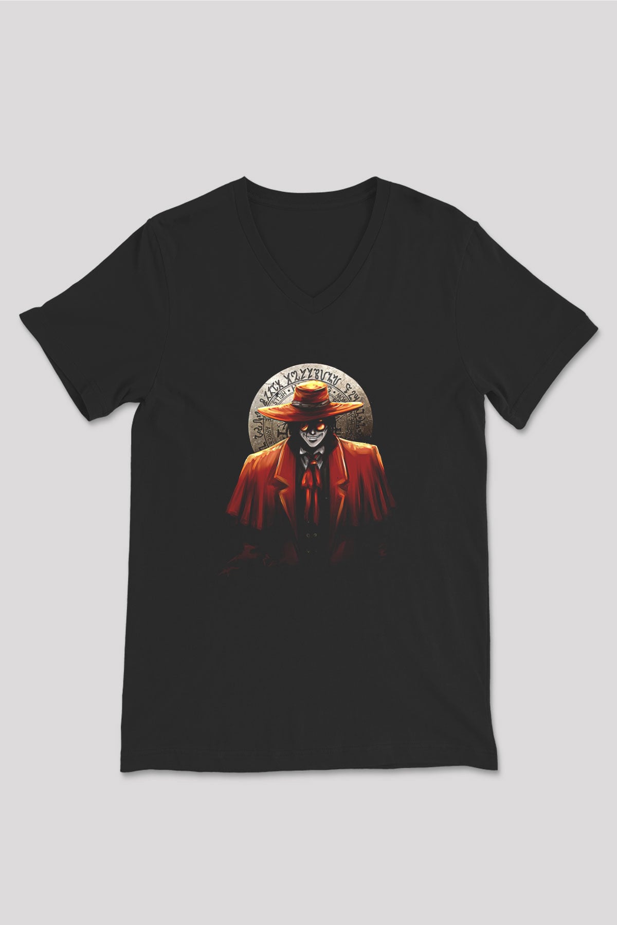 Alucard Baskılı Unisex Siyah V Yaka Tişört - Tshirt