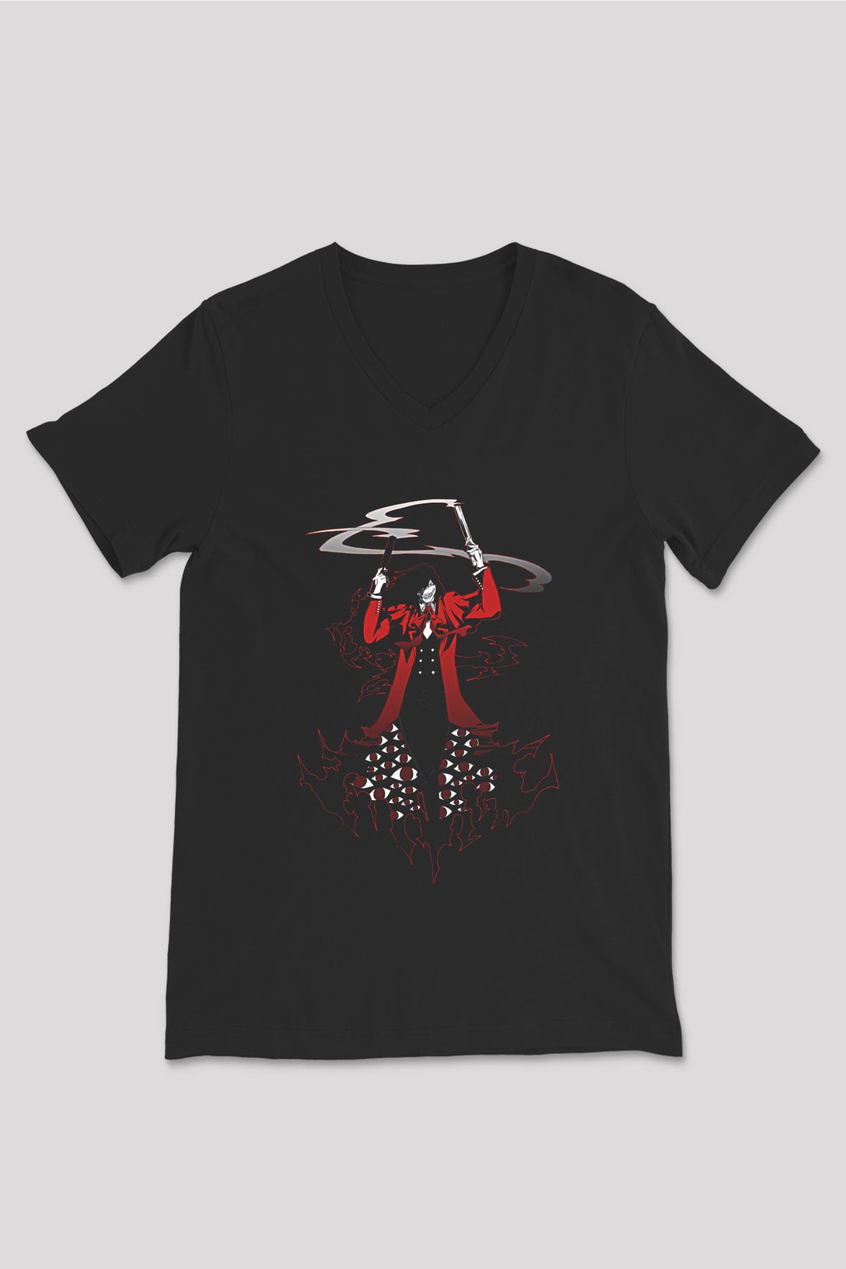 Alucard Baskılı Unisex Siyah V Yaka Tişört - Tshirt