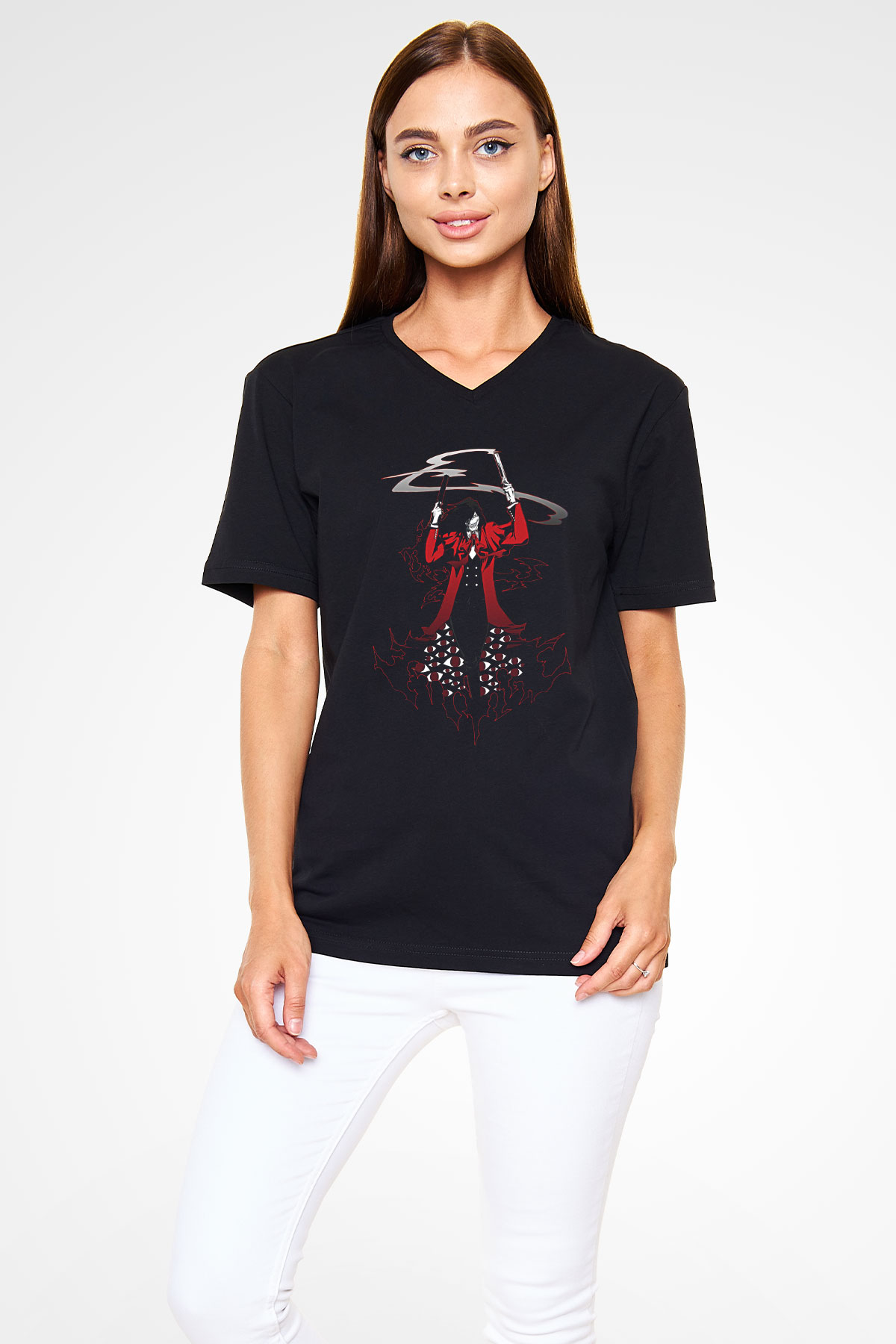 Alucard Baskılı Unisex Siyah V Yaka Tişört - Tshirt