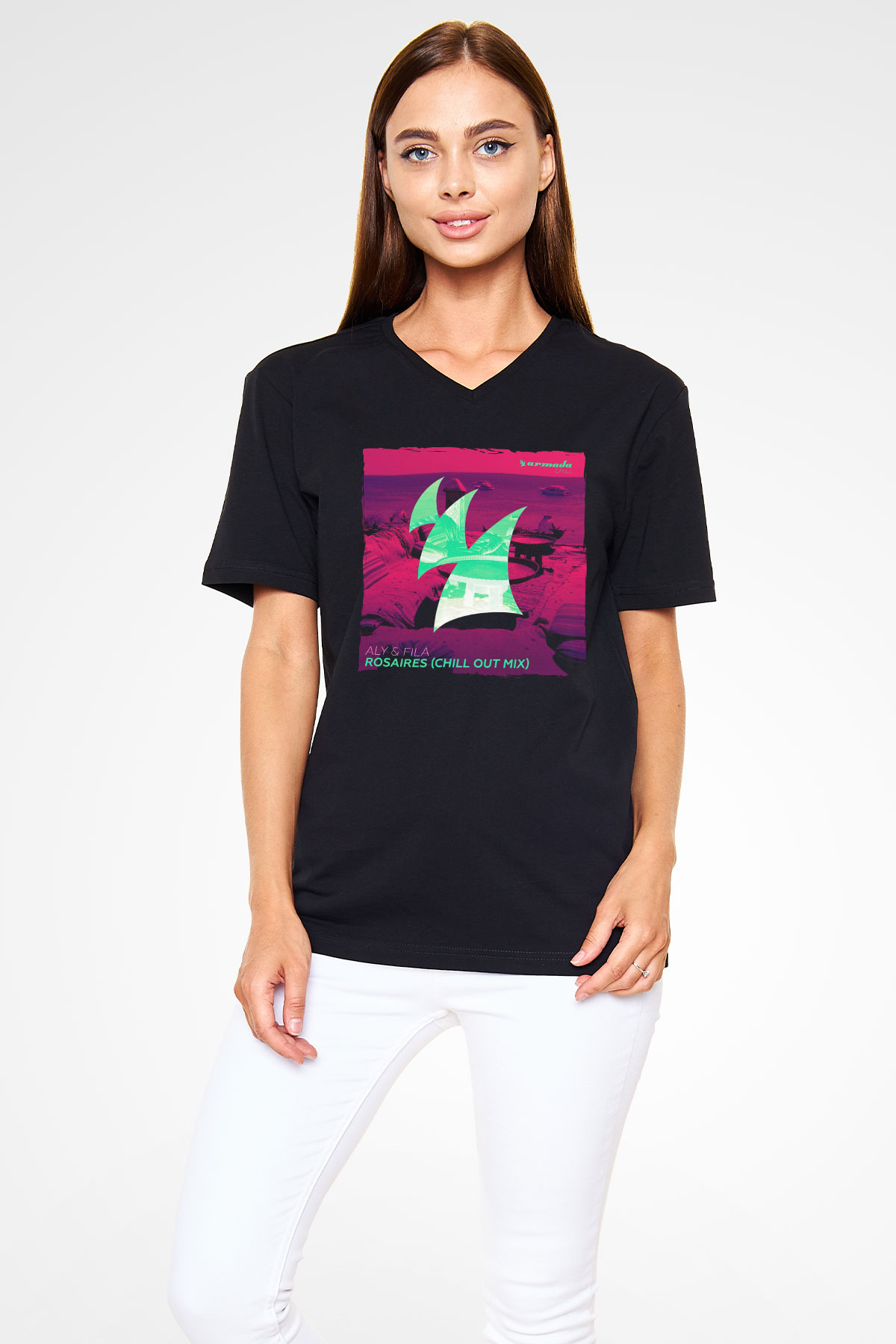 Aly & Fila Siyah Unisex V Yaka Tişört