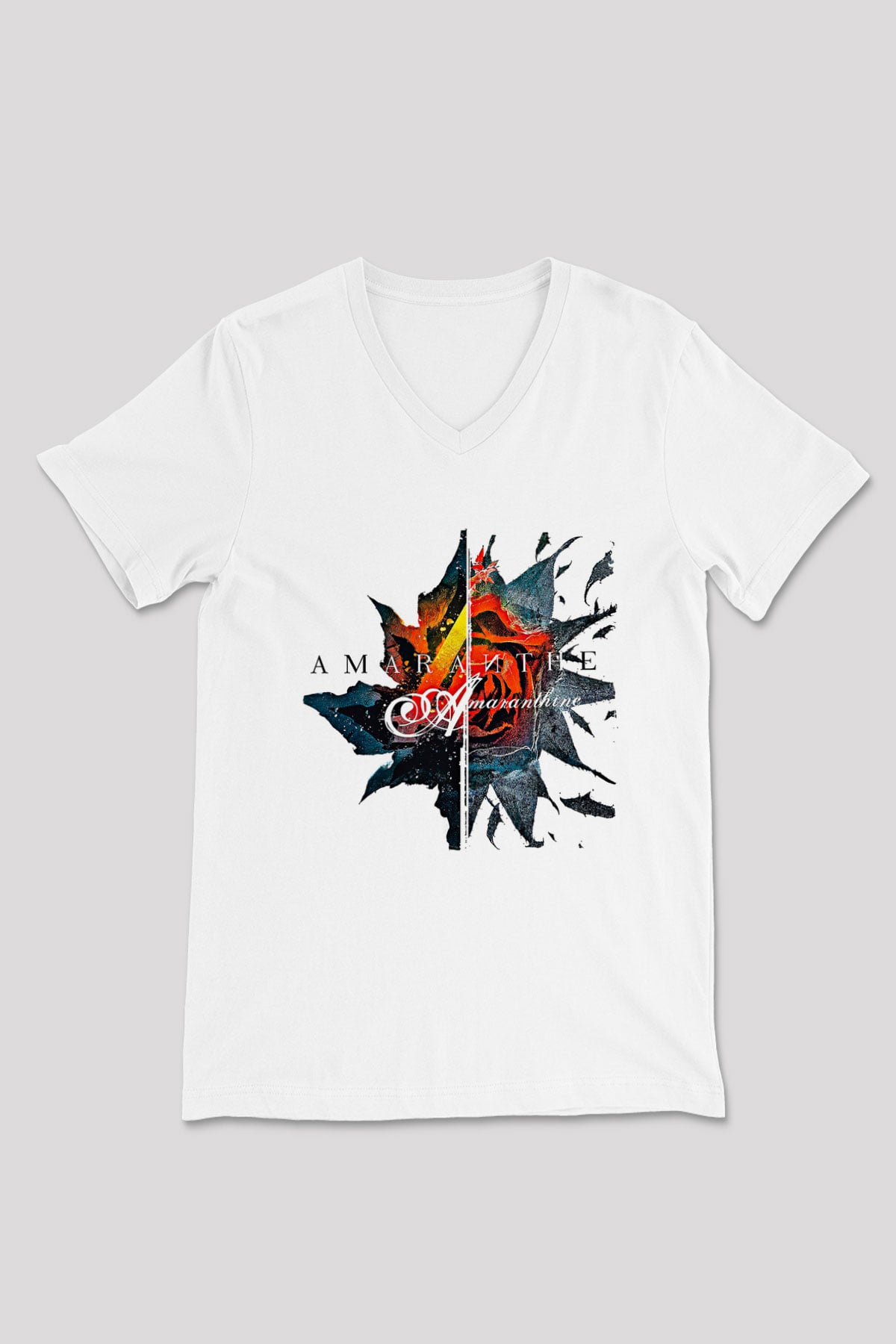 Amaranthe Baskılı Beyaz Unisex V Yaka Tişört - Tshirt