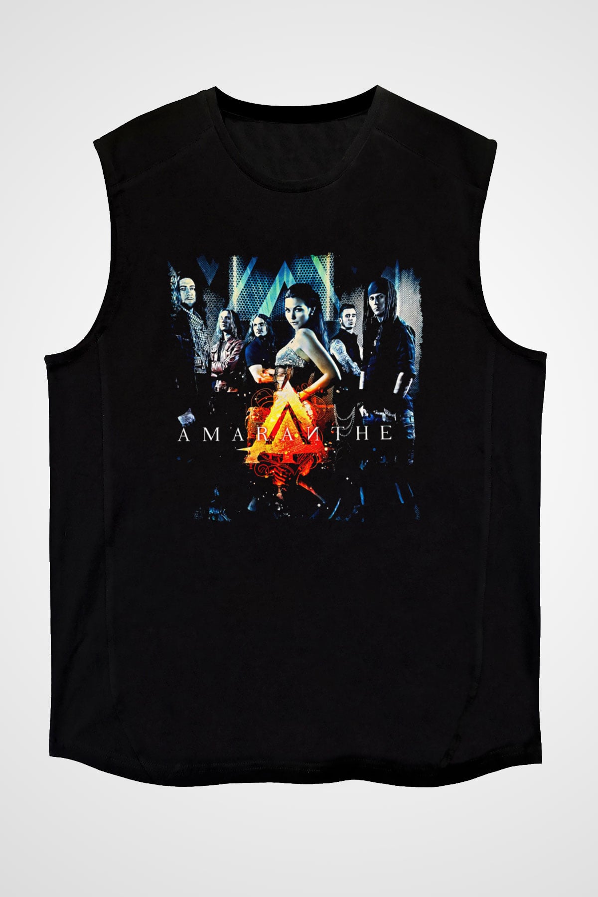 Amaranthe Baskılı Unisex Siyah Kolsuz Tişört - Tshirt