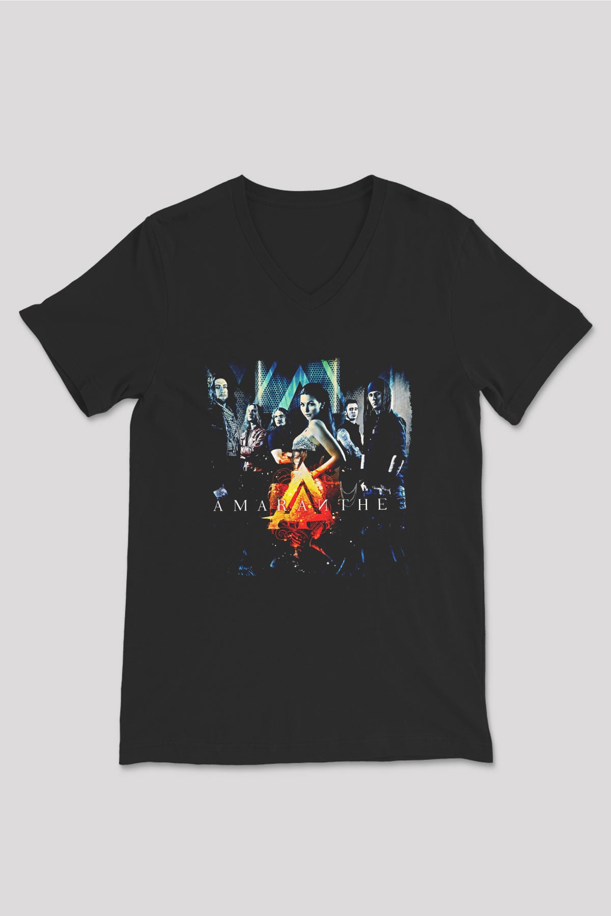 Amaranthe Baskılı Unisex Siyah V Yaka Tişört - Tshirt
