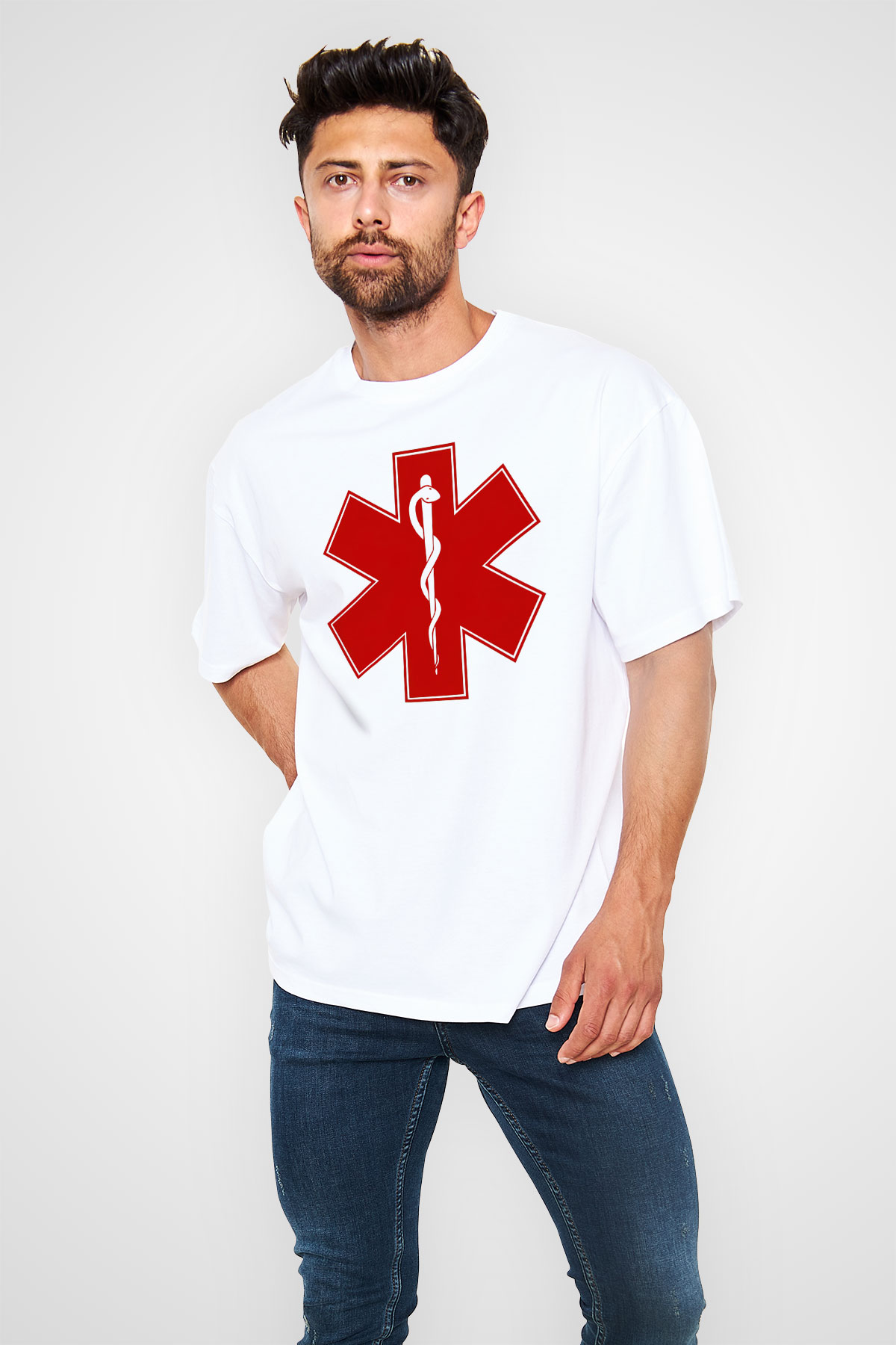 Ambulans şoförü Beyaz Unisex Oversize Tişört T-Shirt