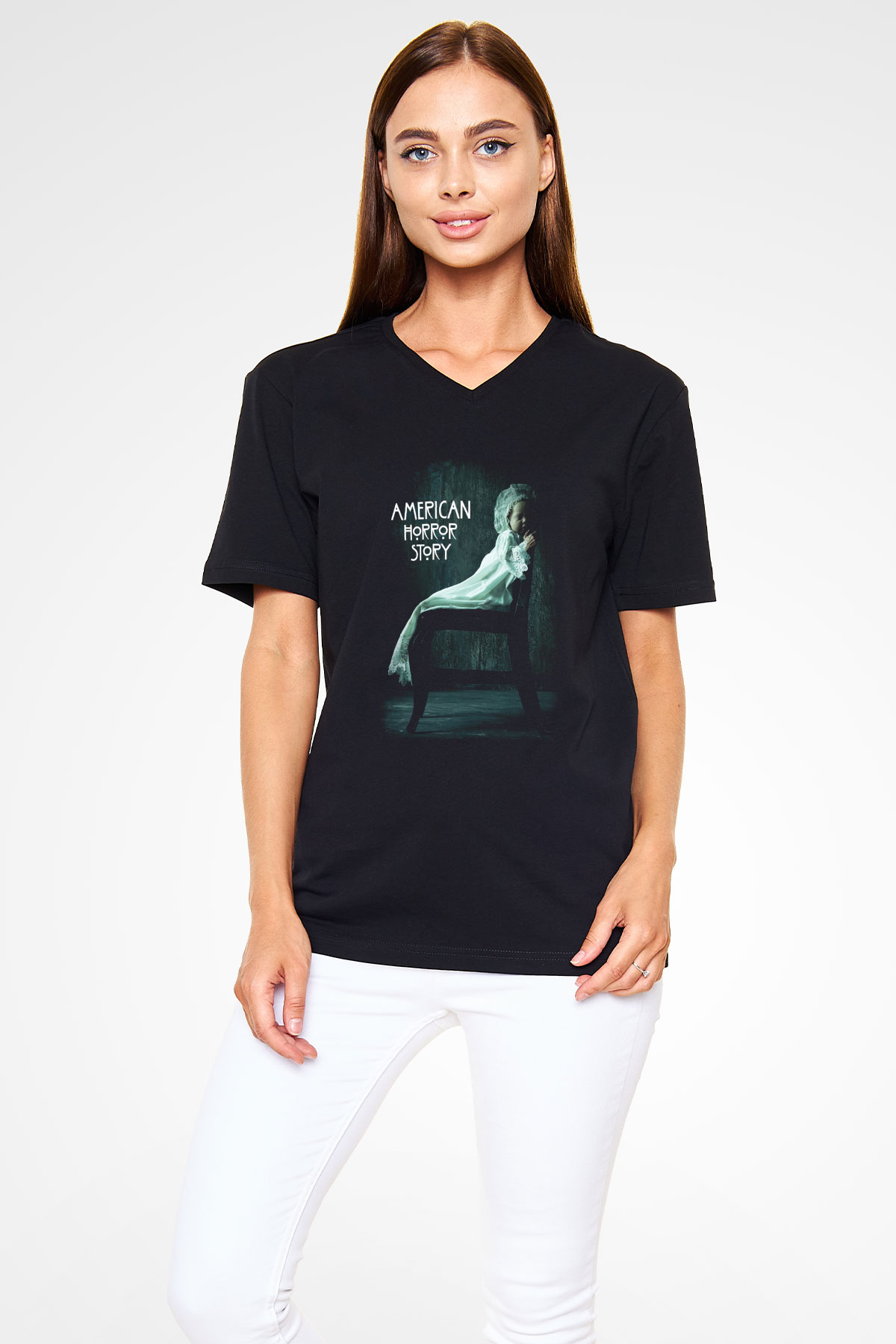 American Horror Story Siyah Unisex V Yaka Tişört T-Shirt