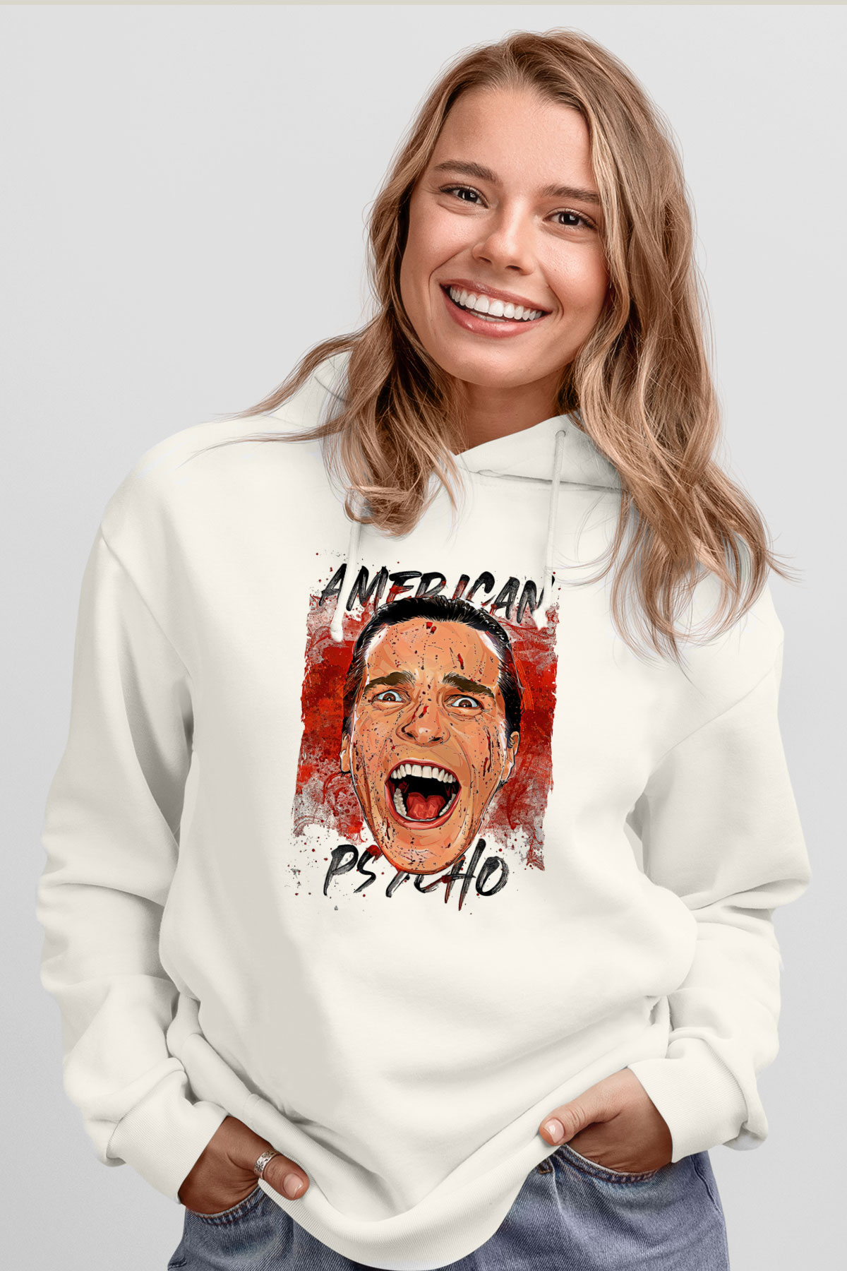 American Psycho Baskılı Beyaz Unisex Hoodie