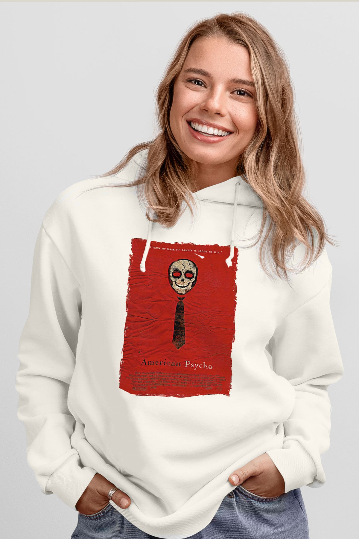 American Psycho Baskılı Beyaz Unisex Hoodie