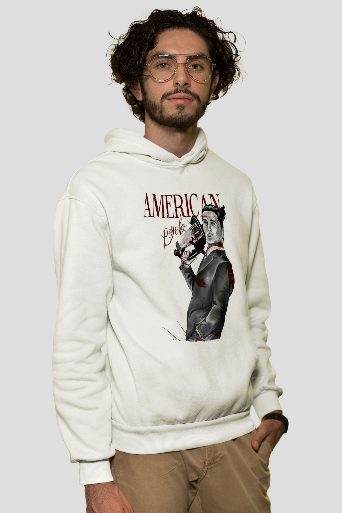 American Psycho Baskılı Beyaz Unisex Hoodie