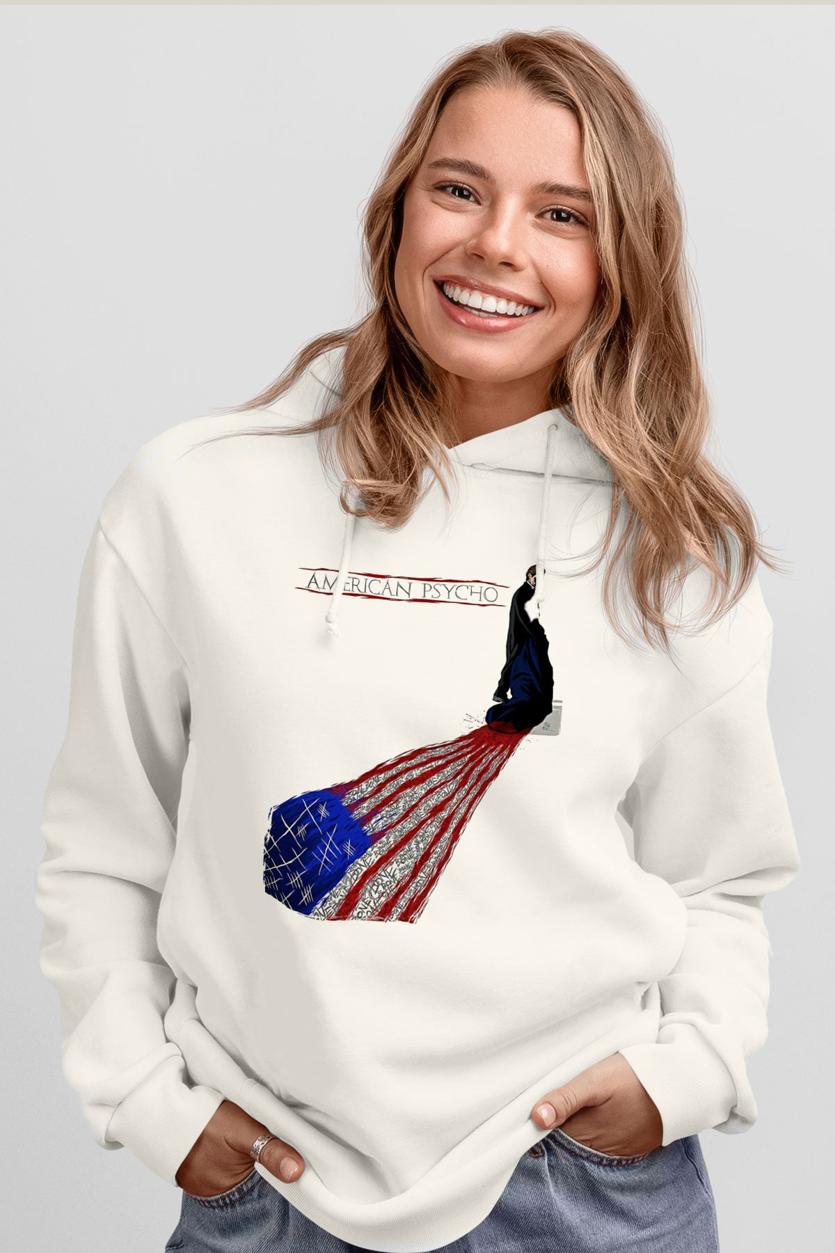 American Psycho Baskılı Beyaz Unisex Hoodie